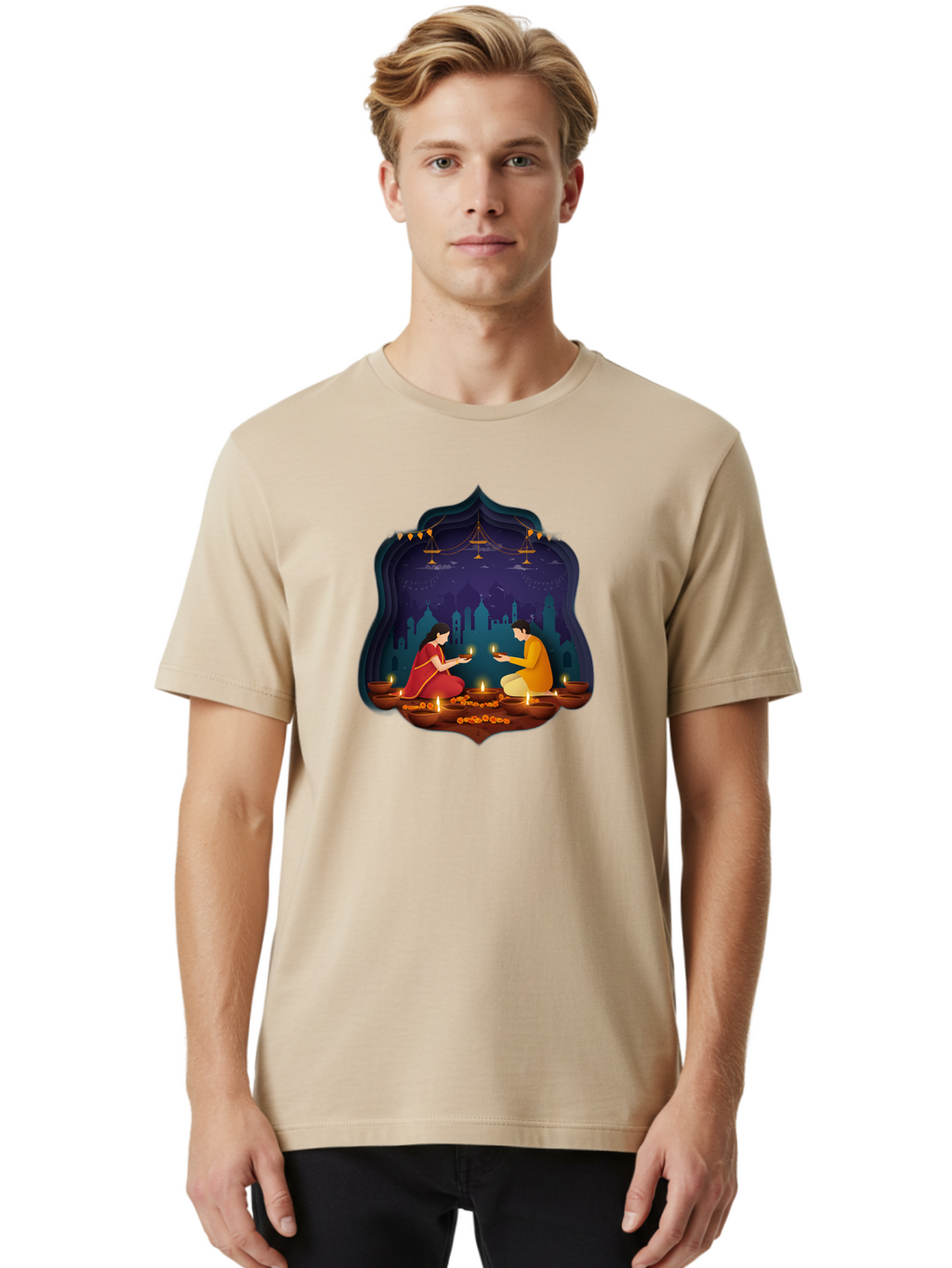 Kali-Puja Men'S Graphic Tee, 100% Cotton, Comfortable Casual Summer Wear, Machine Washable, Couple Lighting Diyas, Diwali Celebration, Festive Atmosphere, Traditional Indian Clothing, Lit Candles, Vibrant Colors, Cultural Heritage, Bad242