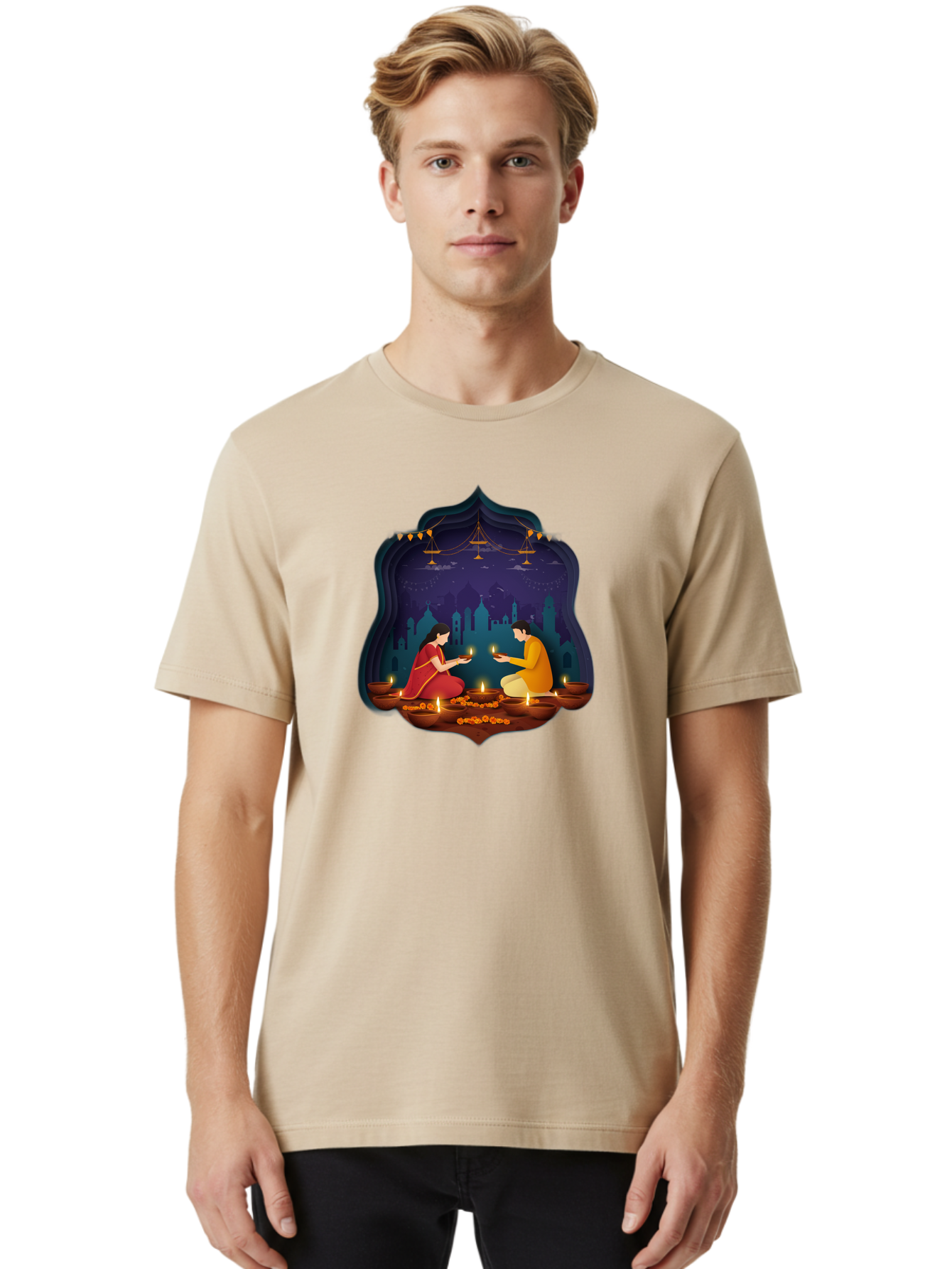 Kali-Puja Men'S Graphic Tee, 100% Cotton, Comfortable Casual Summer Wear, Machine Washable, Couple Lighting Diyas, Diwali Celebration, Festive Atmosphere, Traditional Indian Clothing, Lit Candles, Vibrant Colors, Cultural Heritage, Bad242
