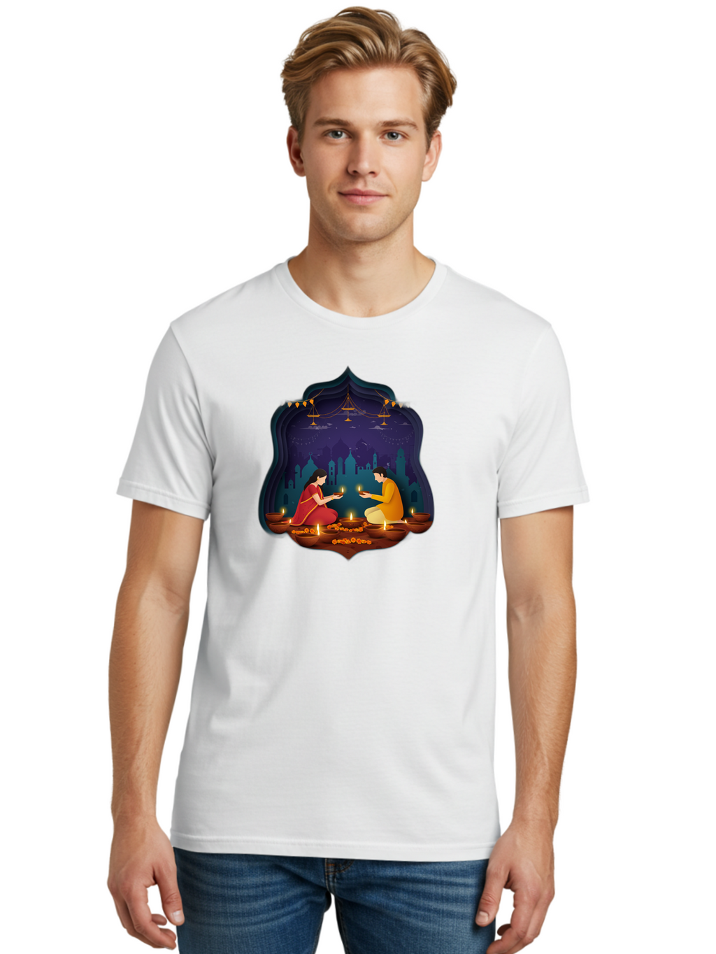 Kali-Puja Men'S Graphic Tee, 100% Cotton, Comfortable Casual Summer Wear, Machine Washable, Couple Lighting Diyas, Diwali Celebration, Festive Atmosphere, Traditional Indian Clothing, Lit Candles, Vibrant Colors, Cultural Heritage, Bad242
