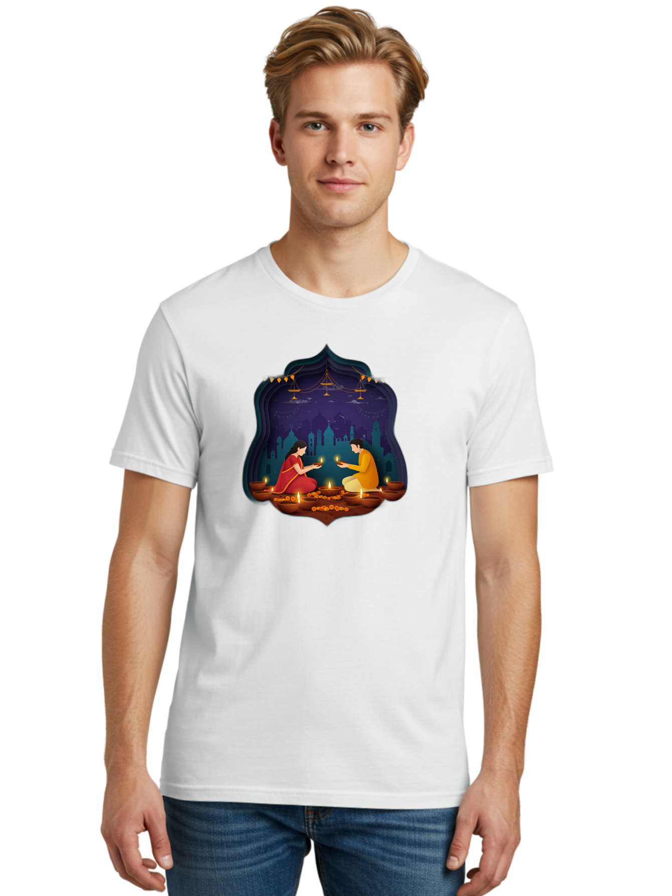 Kali-Puja Men'S Graphic Tee, 100% Cotton, Comfortable Casual Summer Wear, Machine Washable, Couple Lighting Diyas, Diwali Celebration, Festive Atmosphere, Traditional Indian Clothing, Lit Candles, Vibrant Colors, Cultural Heritage, Bad242