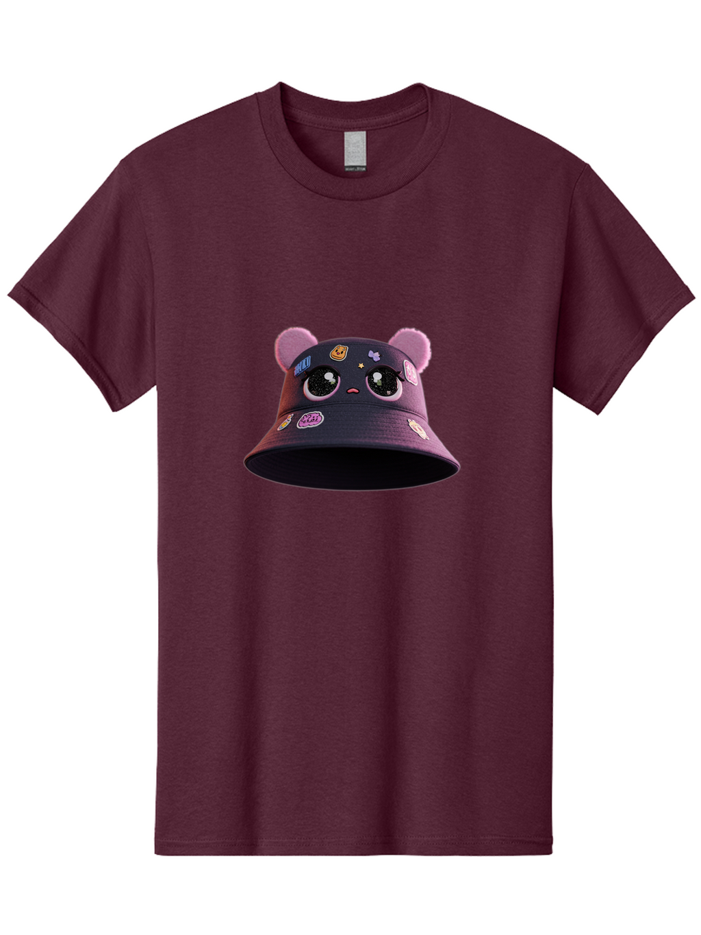Kawaii-Bucket-Hat Men'S Graphic Tee, 100% Cotton, Comfortable Casual Summer Wear, Machine Washable, Purple Bucket Hat, Kawaii Fashion, Cute Cartoon Eyes, Colorful Stickers, Anime Style, Streetwear Accessories, Trendy Clothing Bad243