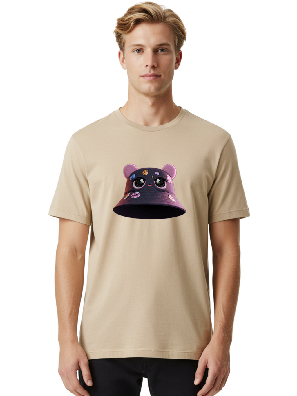 Kawaii-Bucket-Hat Men'S Graphic Tee, 100% Cotton, Comfortable Casual Summer Wear, Machine Washable, Purple Bucket Hat, Kawaii Fashion, Cute Cartoon Eyes, Colorful Stickers, Anime Style, Streetwear Accessories, Trendy Clothing Bad243