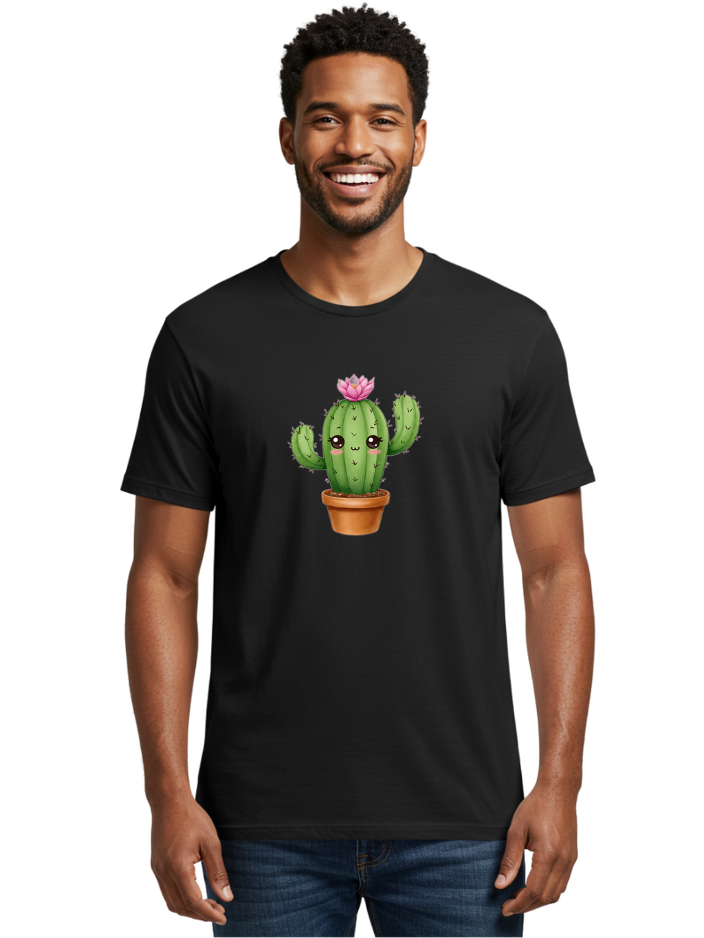 Kawaii-Cactus Men'S Graphic Tee, 100% Cotton, Comfortable Casual Summer Wear, Machine Washable, Kawaii Cactus, Potted Cactus, Cute Cartoon Cactus, Pink Flower, Succulent Plant, Floral Decoration, Adorable Character, Cartoon Illustration, Bad244