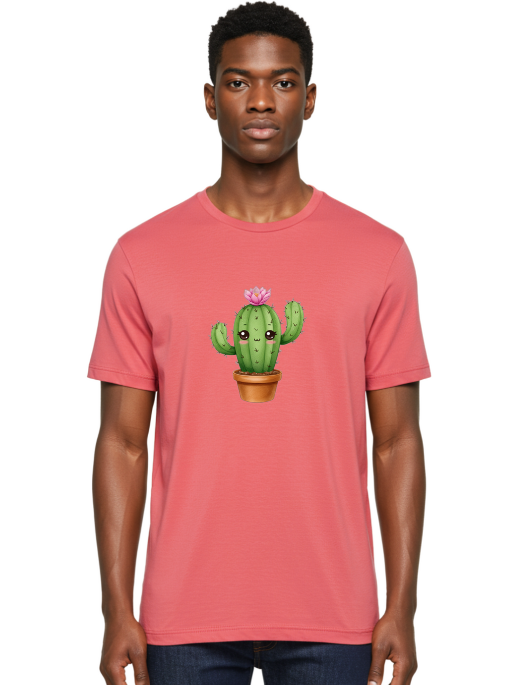 Kawaii-Cactus Men'S Graphic Tee, 100% Cotton, Comfortable Casual Summer Wear, Machine Washable, Kawaii Cactus, Potted Cactus, Cute Cartoon Cactus, Pink Flower, Succulent Plant, Floral Decoration, Adorable Character, Cartoon Illustration, Bad244