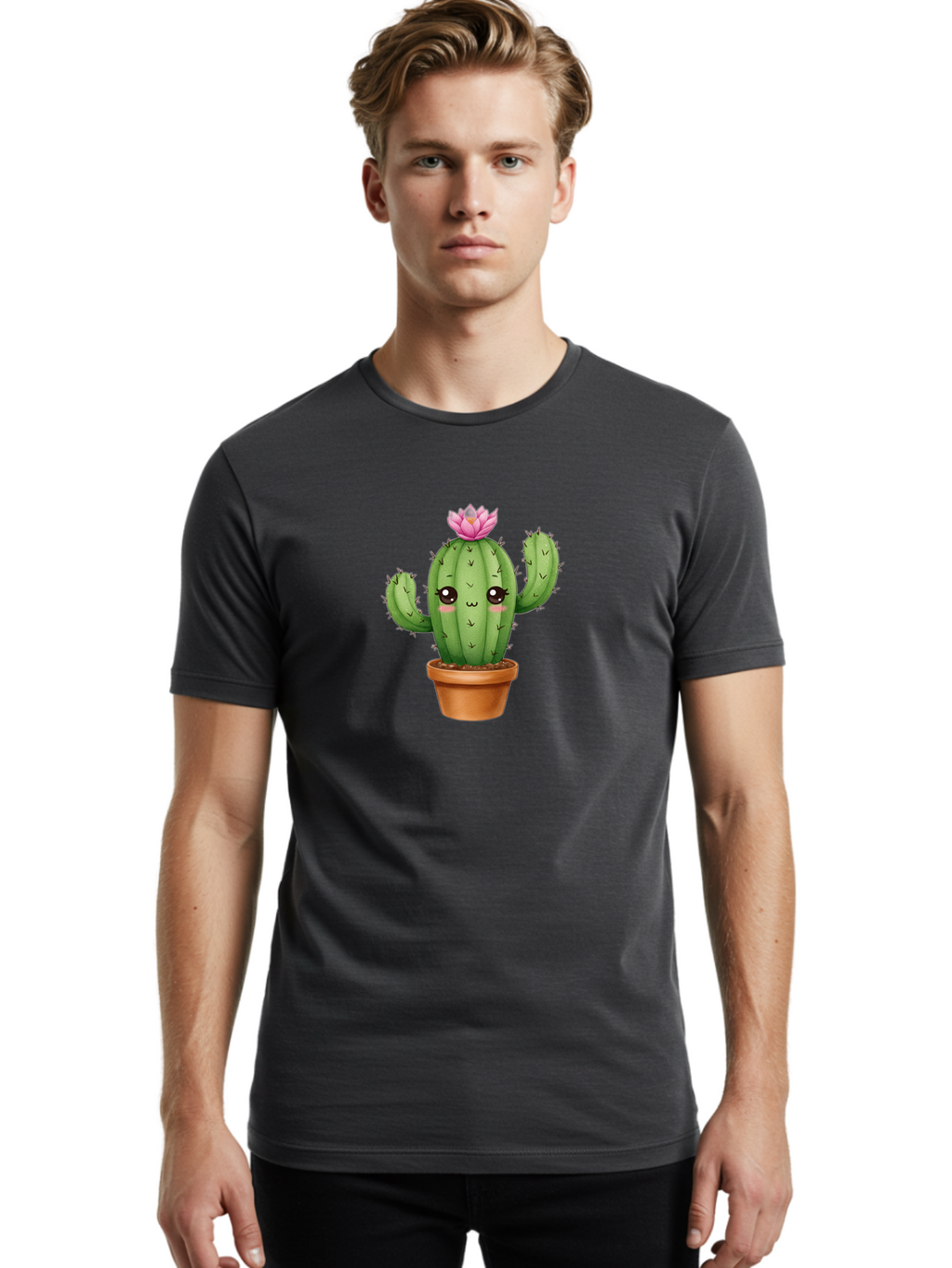 Kawaii-Cactus Men'S Graphic Tee, 100% Cotton, Comfortable Casual Summer Wear, Machine Washable, Kawaii Cactus, Potted Cactus, Cute Cartoon Cactus, Pink Flower, Succulent Plant, Floral Decoration, Adorable Character, Cartoon Illustration, Bad244
