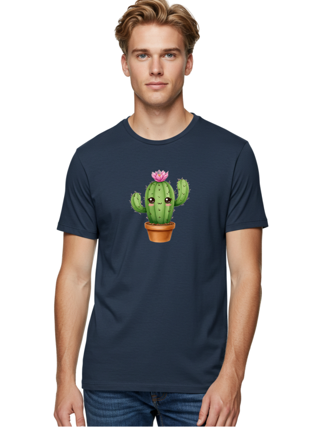 Kawaii-Cactus Men'S Graphic Tee, 100% Cotton, Comfortable Casual Summer Wear, Machine Washable, Kawaii Cactus, Potted Cactus, Cute Cartoon Cactus, Pink Flower, Succulent Plant, Floral Decoration, Adorable Character, Cartoon Illustration, Bad244