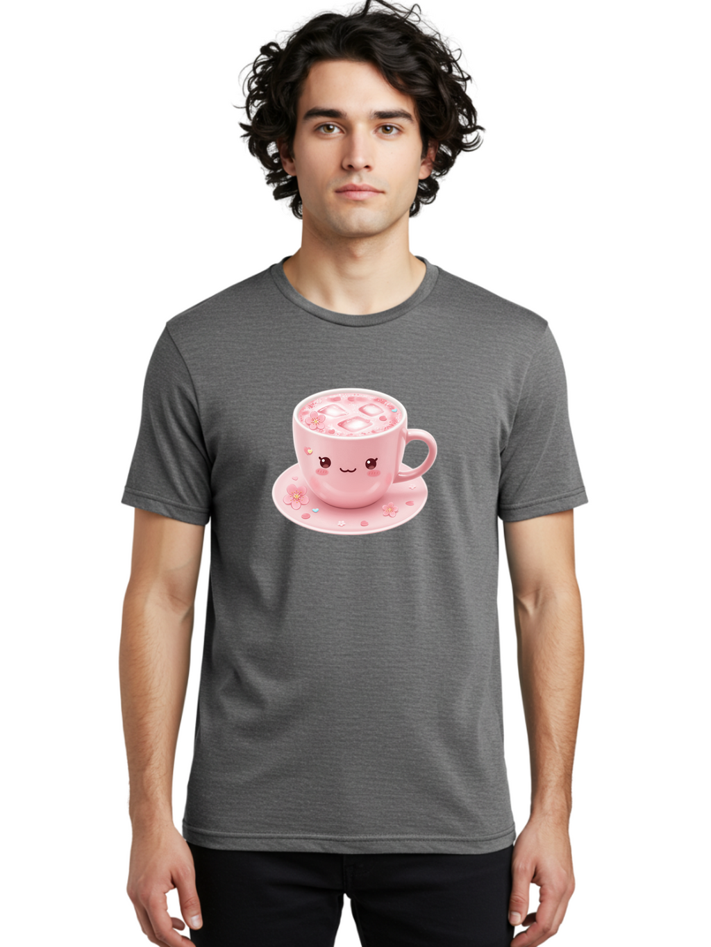 Kawaii-Coffee-Cup Men'S Graphic Tee, 100% Cotton, Comfortable Casual Summer Wear, Machine Washable, Pink Tea Cup, Cute Cartoon Face, Pink Flowers, Iced Tea, Coffee Cup, Adorable Design, Kawaii Style, Sweet Treats, Tea Time, Floral Pattern Bad245