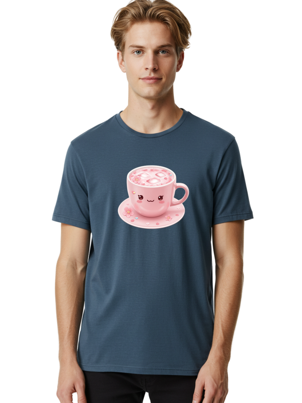 Kawaii-Coffee-Cup Men'S Graphic Tee, 100% Cotton, Comfortable Casual Summer Wear, Machine Washable, Pink Tea Cup, Cute Cartoon Face, Pink Flowers, Iced Tea, Coffee Cup, Adorable Design, Kawaii Style, Sweet Treats, Tea Time, Floral Pattern Bad245