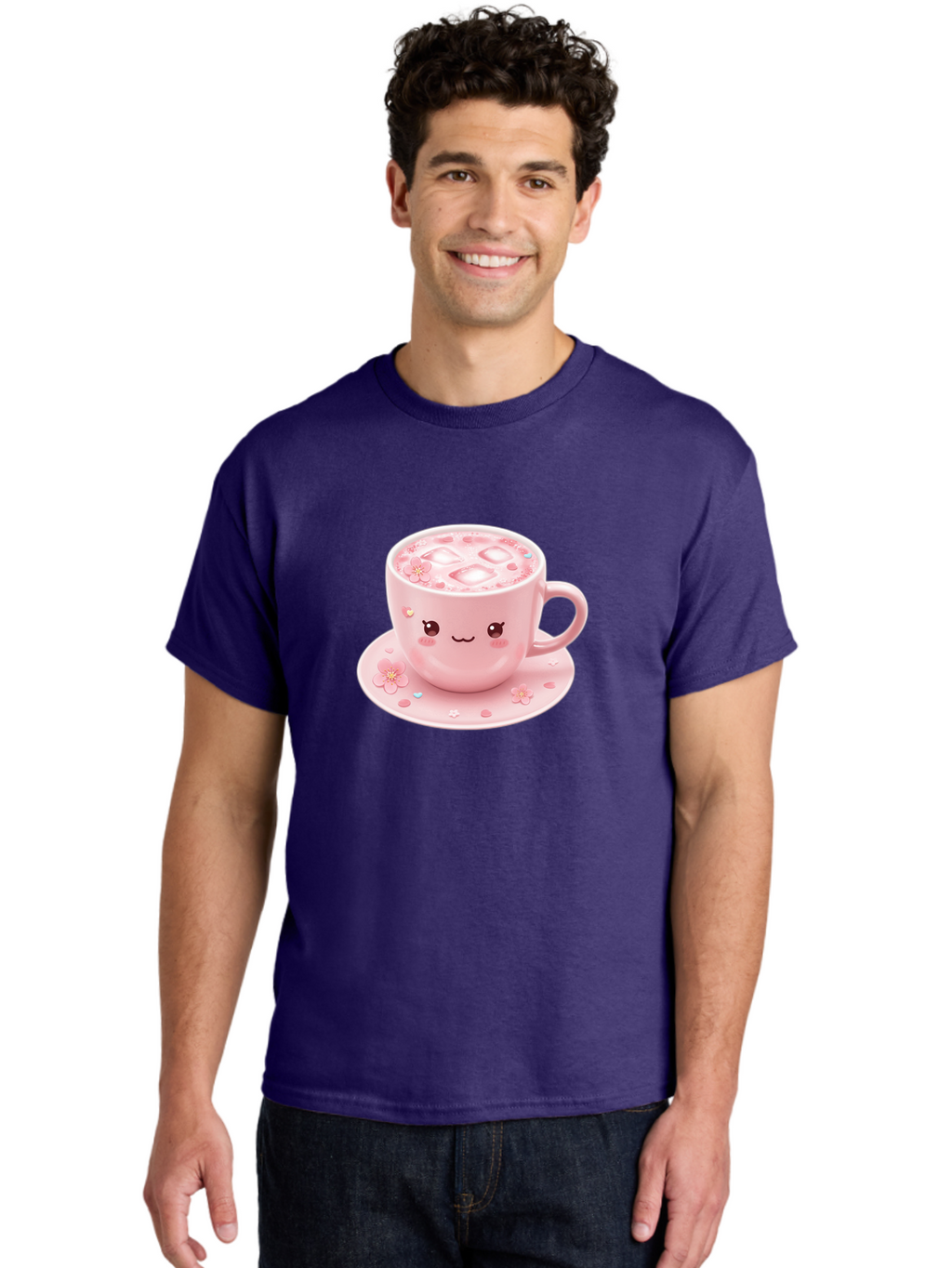 Kawaii-Coffee-Cup Men'S Graphic Tee, 100% Cotton, Comfortable Casual Summer Wear, Machine Washable, Pink Tea Cup, Cute Cartoon Face, Pink Flowers, Iced Tea, Coffee Cup, Adorable Design, Kawaii Style, Sweet Treats, Tea Time, Floral Pattern Bad245