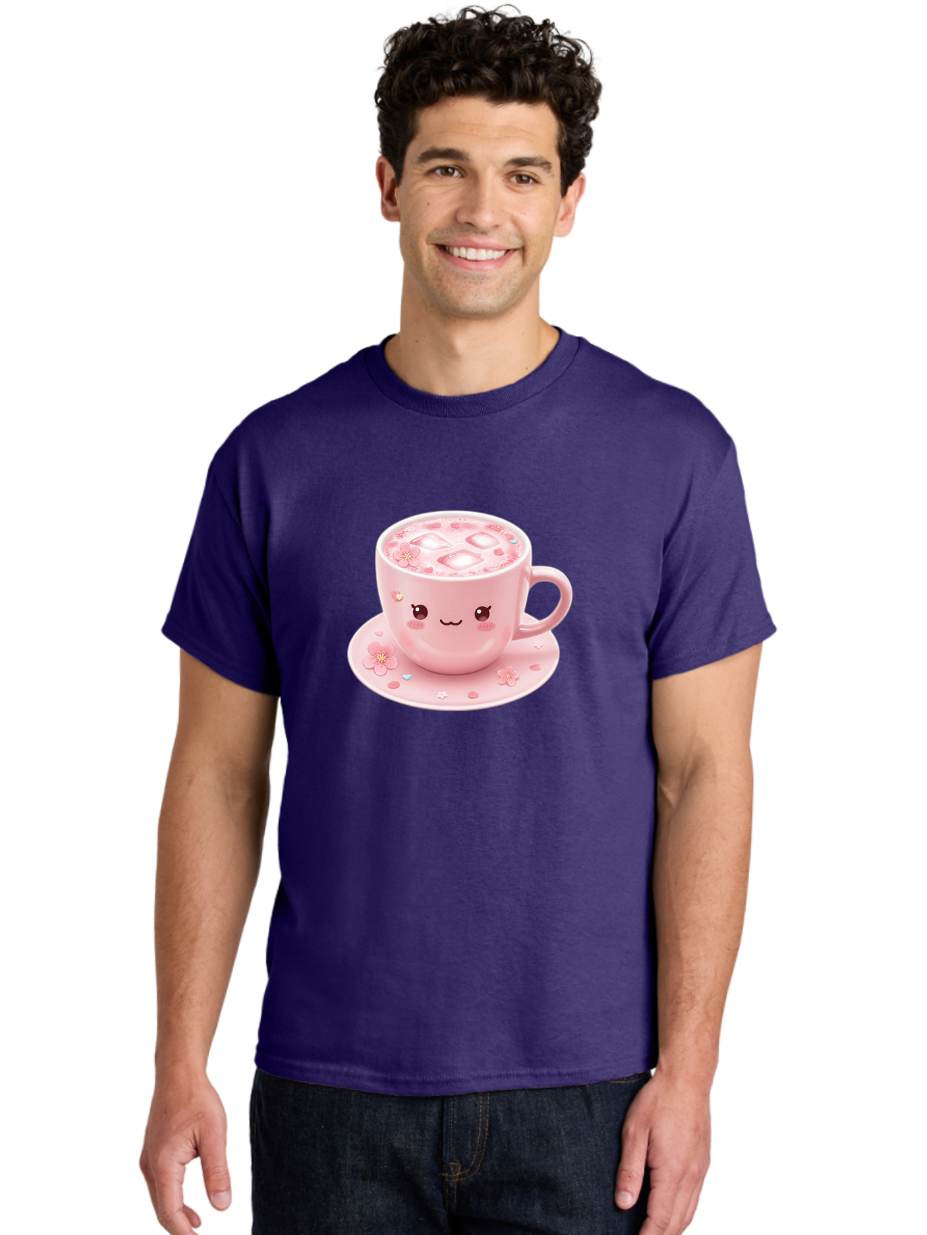 Kawaii-Coffee-Cup Men'S Graphic Tee, 100% Cotton, Comfortable Casual Summer Wear, Machine Washable, Pink Tea Cup, Cute Cartoon Face, Pink Flowers, Iced Tea, Coffee Cup, Adorable Design, Kawaii Style, Sweet Treats, Tea Time, Floral Pattern Bad245