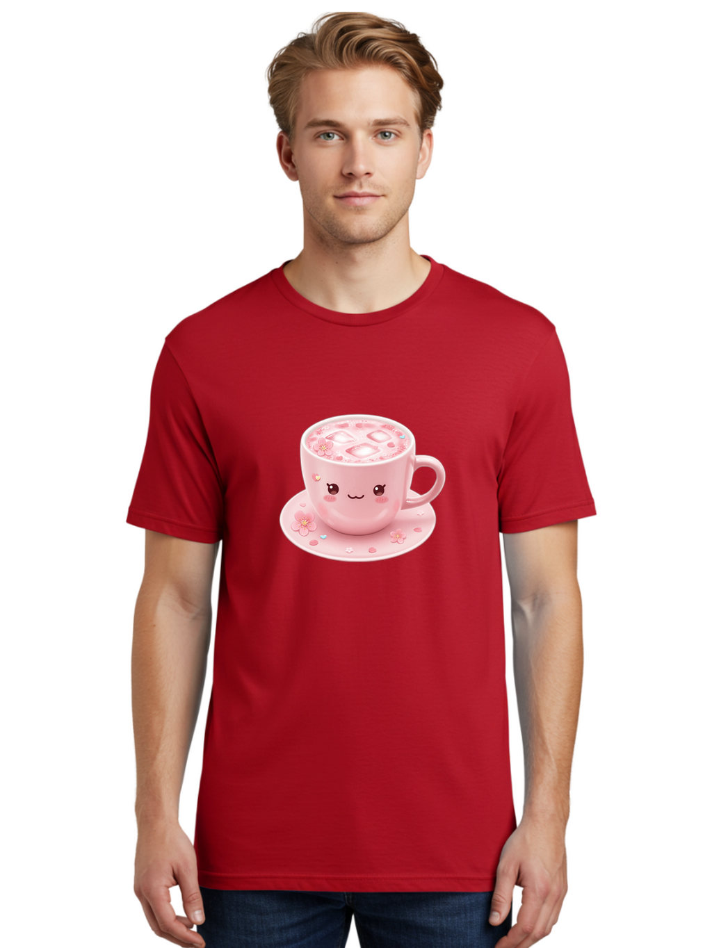 Kawaii-Coffee-Cup Men'S Graphic Tee, 100% Cotton, Comfortable Casual Summer Wear, Machine Washable, Pink Tea Cup, Cute Cartoon Face, Pink Flowers, Iced Tea, Coffee Cup, Adorable Design, Kawaii Style, Sweet Treats, Tea Time, Floral Pattern Bad245