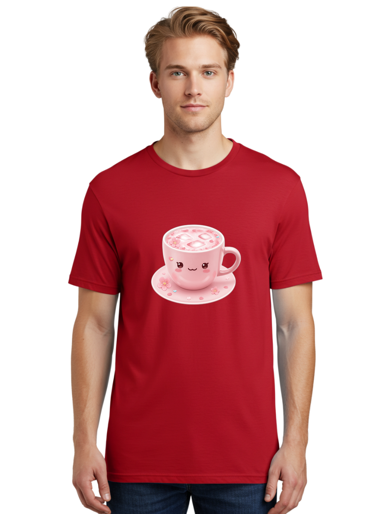 Kawaii-Coffee-Cup Men'S Graphic Tee, 100% Cotton, Comfortable Casual Summer Wear, Machine Washable, Pink Tea Cup, Cute Cartoon Face, Pink Flowers, Iced Tea, Coffee Cup, Adorable Design, Kawaii Style, Sweet Treats, Tea Time, Floral Pattern Bad245