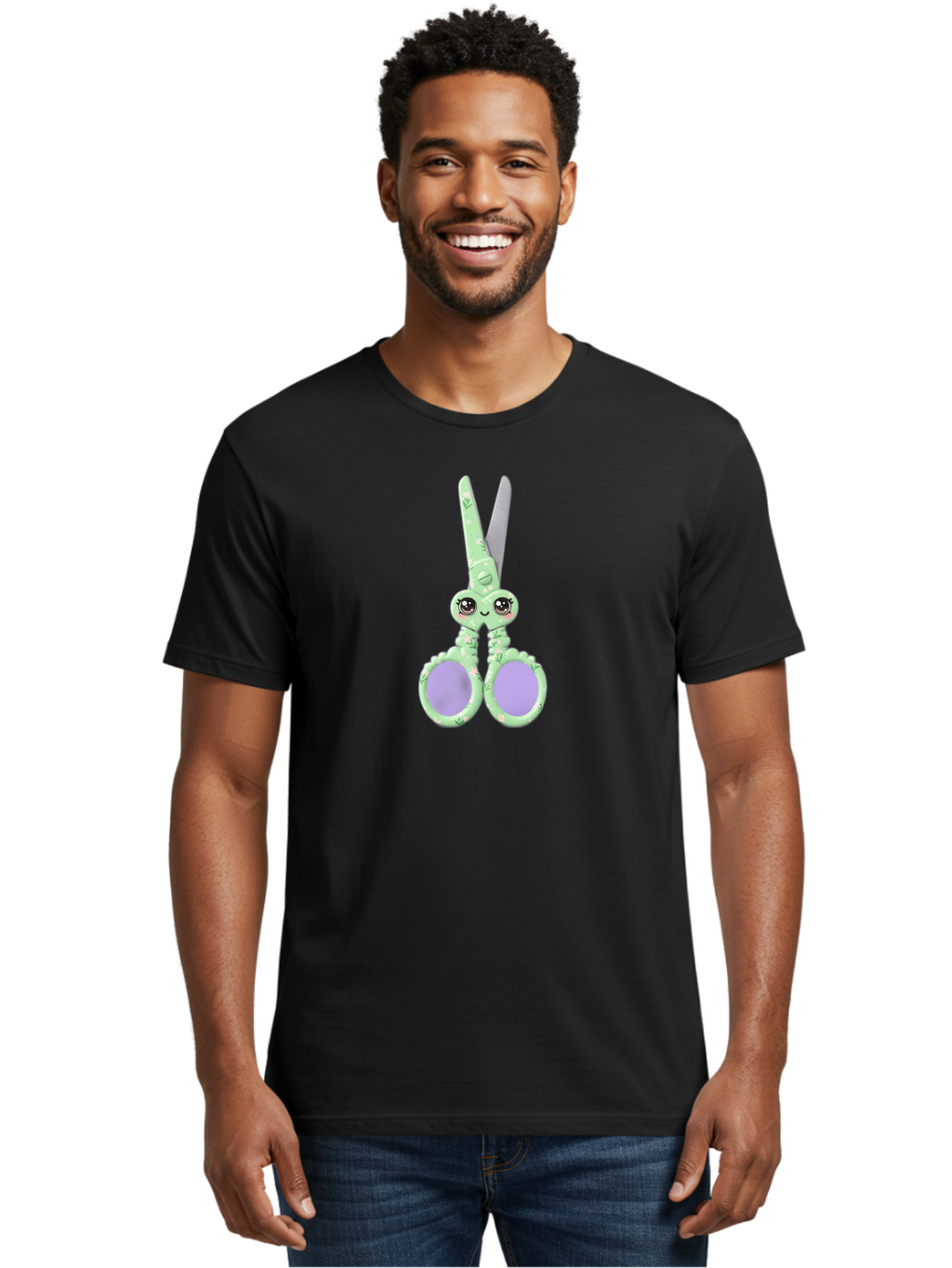 Kawaii-Scissors Men'S Graphic Tee, 100% Cotton, Comfortable Casual Summer Wear, Machine Washable, Cute Octopus Scissors, Novelty Office Supplies, Fun Stationery, Desk Accessories, Quirky Gift Ideas, Kawaii Office Decor, Scissors With A Face Bad248