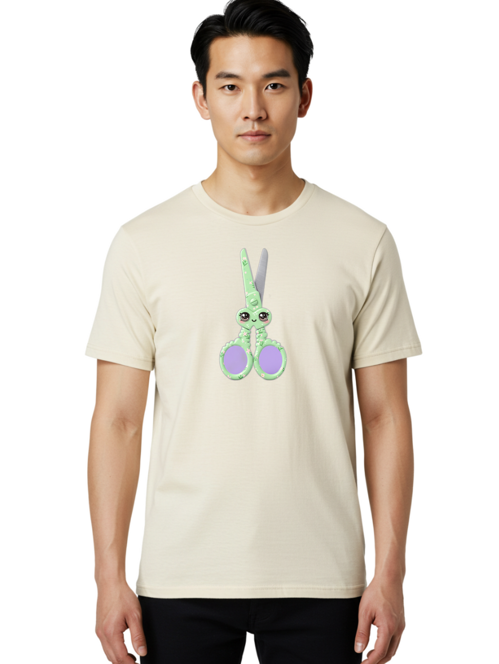 Kawaii-Scissors Men'S Graphic Tee, 100% Cotton, Comfortable Casual Summer Wear, Machine Washable, Cute Octopus Scissors, Novelty Office Supplies, Fun Stationery, Desk Accessories, Quirky Gift Ideas, Kawaii Office Decor, Scissors With A Face Bad248