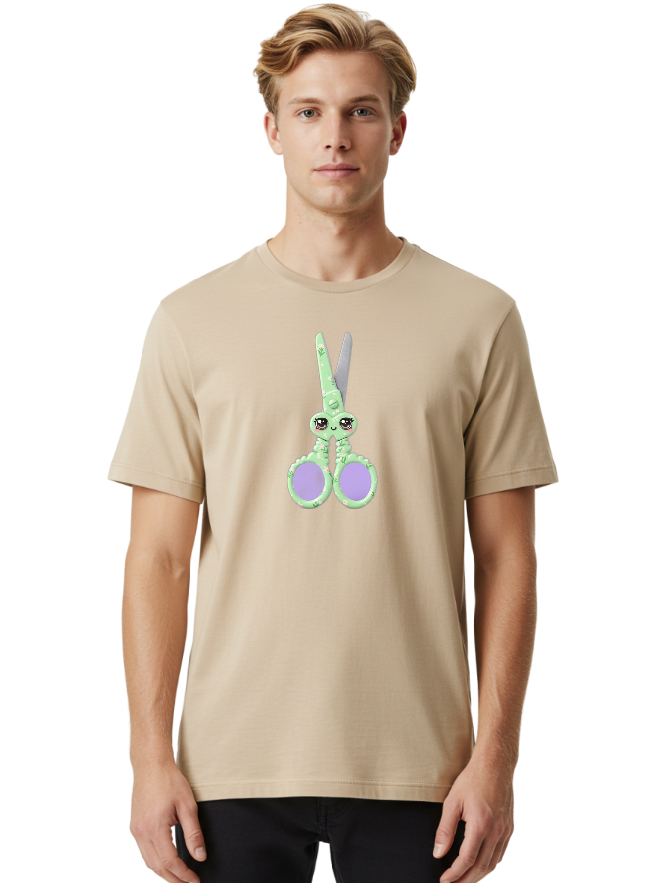 Kawaii-Scissors Men'S Graphic Tee, 100% Cotton, Comfortable Casual Summer Wear, Machine Washable, Cute Octopus Scissors, Novelty Office Supplies, Fun Stationery, Desk Accessories, Quirky Gift Ideas, Kawaii Office Decor, Scissors With A Face Bad248