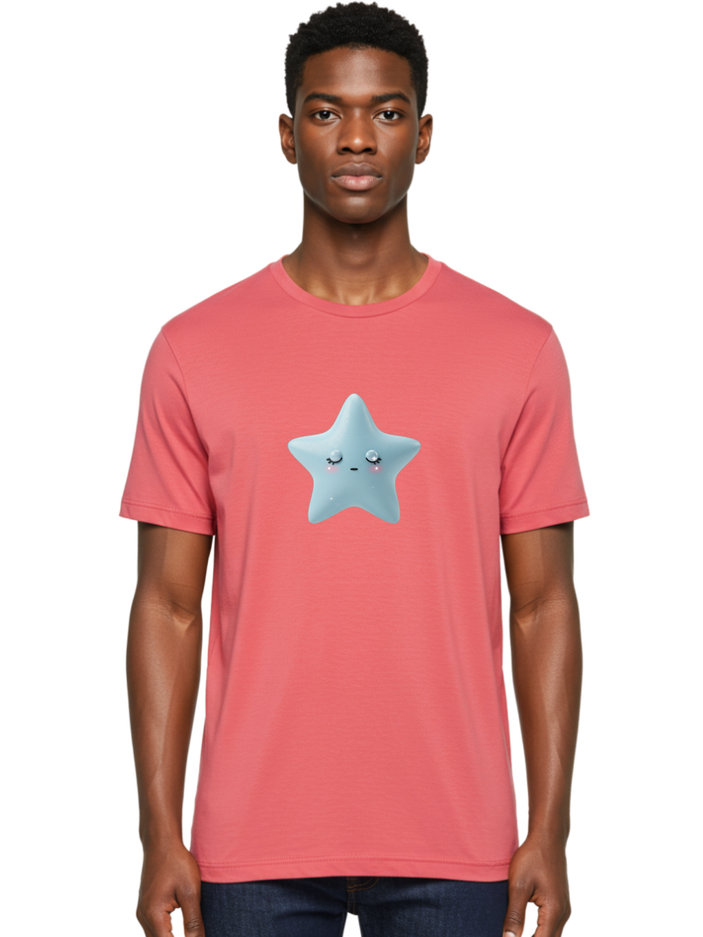 Kawaii-Star-1 Men'S Graphic Tee, 100% Cotton, Comfortable Casual Summer Wear, Machine Washable, Cute Star Character, Cartoon Star, Kawaii Star, White Star, Smiling Face, Rosy Cheeks, Adorable Illustration, Dreamy Expression, Whimsical Design Bad249