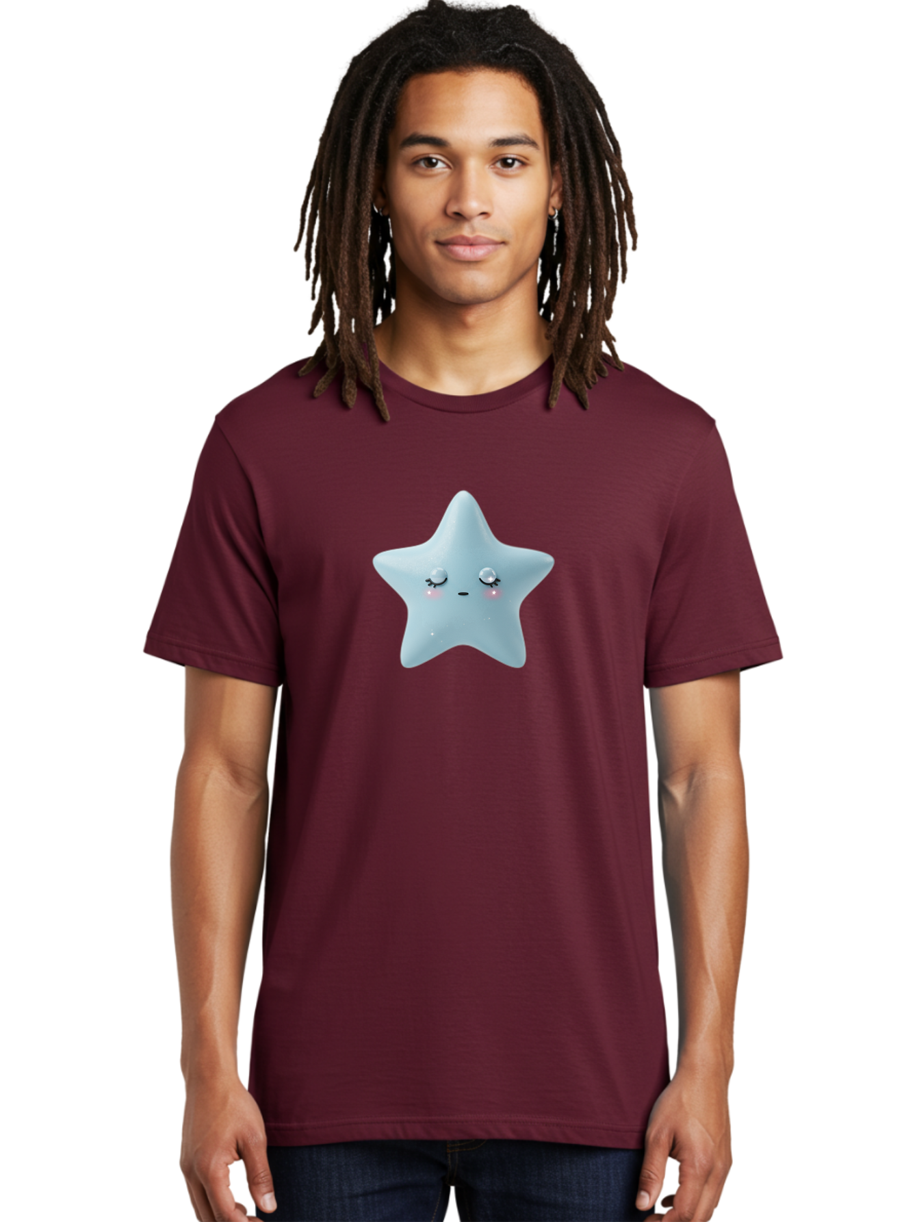 Kawaii-Star-1 Men'S Graphic Tee, 100% Cotton, Comfortable Casual Summer Wear, Machine Washable, Cute Star Character, Cartoon Star, Kawaii Star, White Star, Smiling Face, Rosy Cheeks, Adorable Illustration, Dreamy Expression, Whimsical Design Bad249