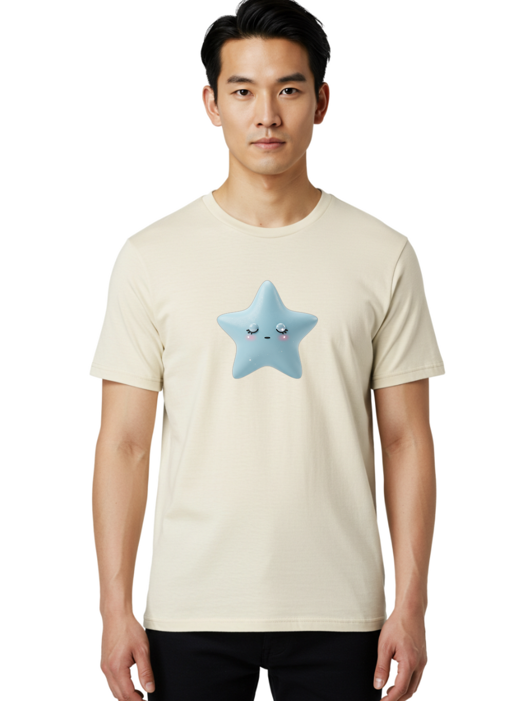 Kawaii-Star-1 Men'S Graphic Tee, 100% Cotton, Comfortable Casual Summer Wear, Machine Washable, Cute Star Character, Cartoon Star, Kawaii Star, White Star, Smiling Face, Rosy Cheeks, Adorable Illustration, Dreamy Expression, Whimsical Design Bad249