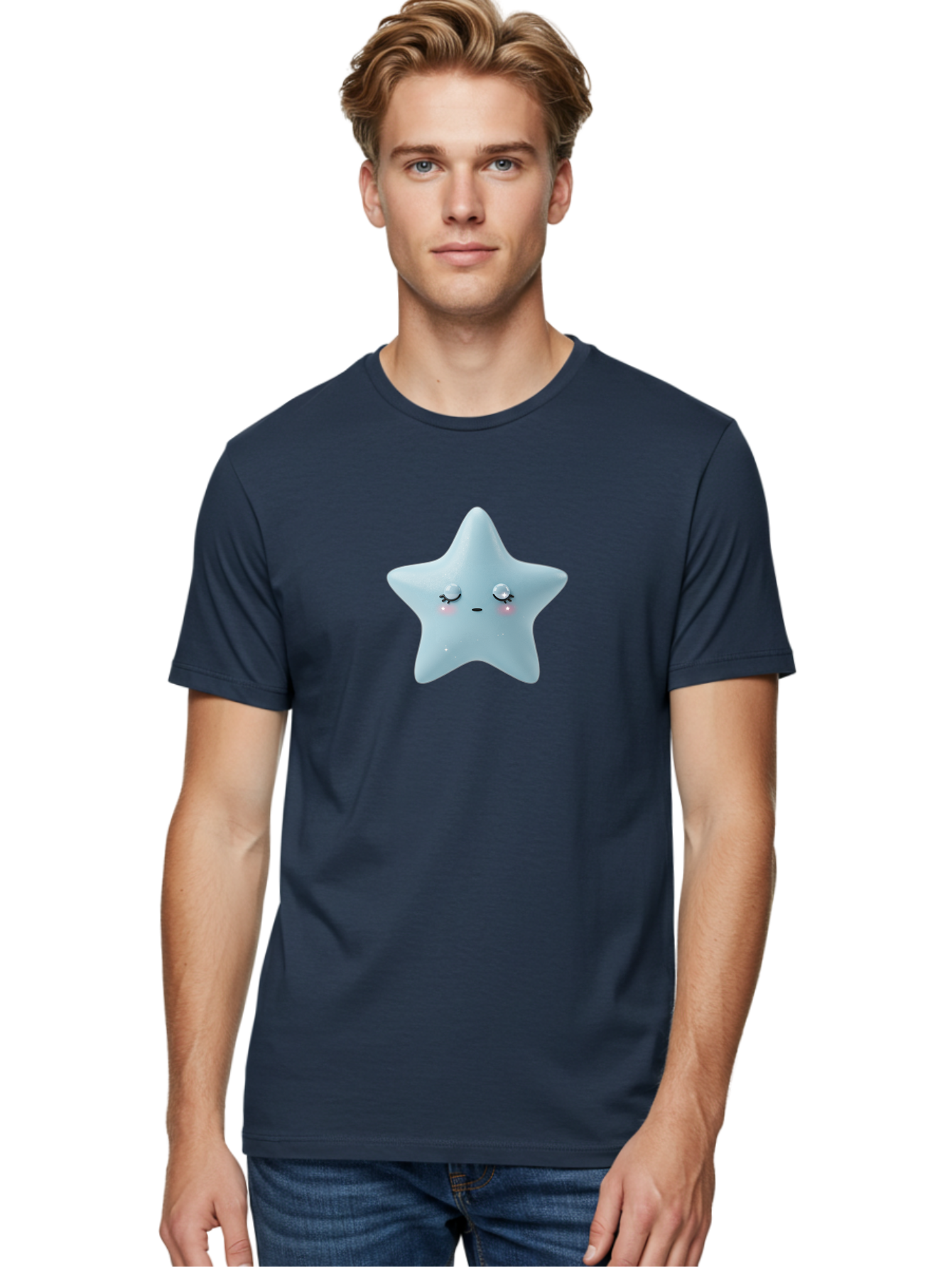 Kawaii-Star-1 Men'S Graphic Tee, 100% Cotton, Comfortable Casual Summer Wear, Machine Washable, Cute Star Character, Cartoon Star, Kawaii Star, White Star, Smiling Face, Rosy Cheeks, Adorable Illustration, Dreamy Expression, Whimsical Design Bad249