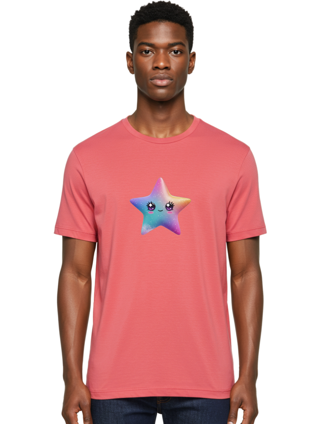 Kawaii-Star Men'S Graphic Tee, 100% Cotton, Comfortable Casual Summer Wear, Machine Washable, Cute Star, Cartoon Character, Pastel Colors, Sparkles And Shine, Positive Vibes, Magical Expression, Feminine Charm, Whimsical Design, Magical, Bad250