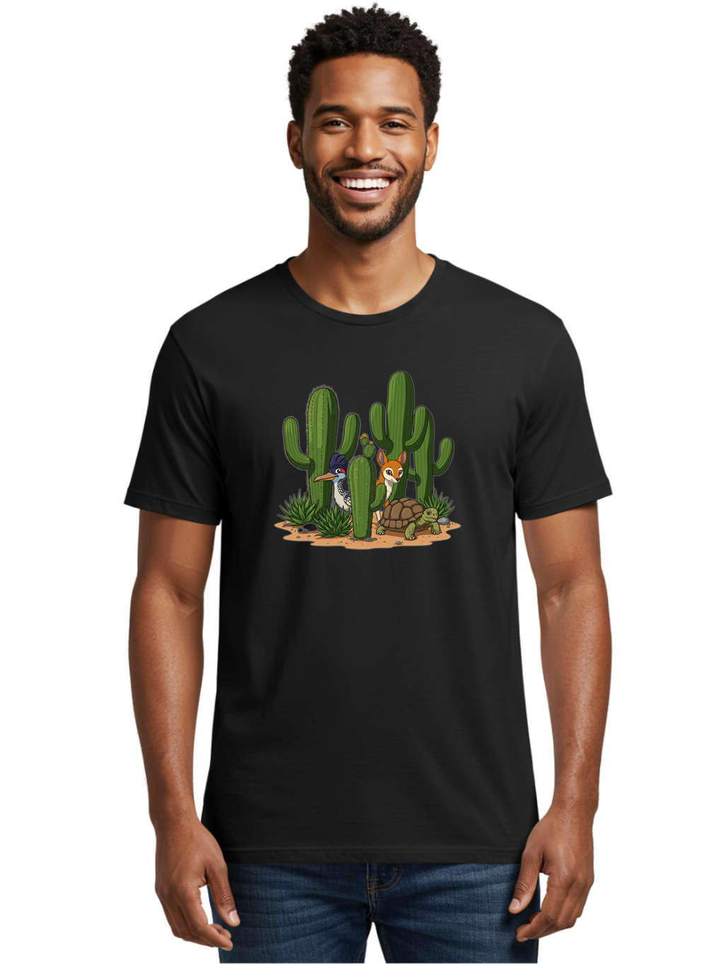 Kingfisher-Fennec-Fox-And-Turtle Men'S Graphic Tee, 100% Cotton, Comfortable Casual Summer Wear, Machine Washable, Cartoon Animals, Desert Wildlife, Cacti, Kingfisher Bird, Fennec Fox, Turtle, Desert Landscape, Wildlife Illustration, Bad252