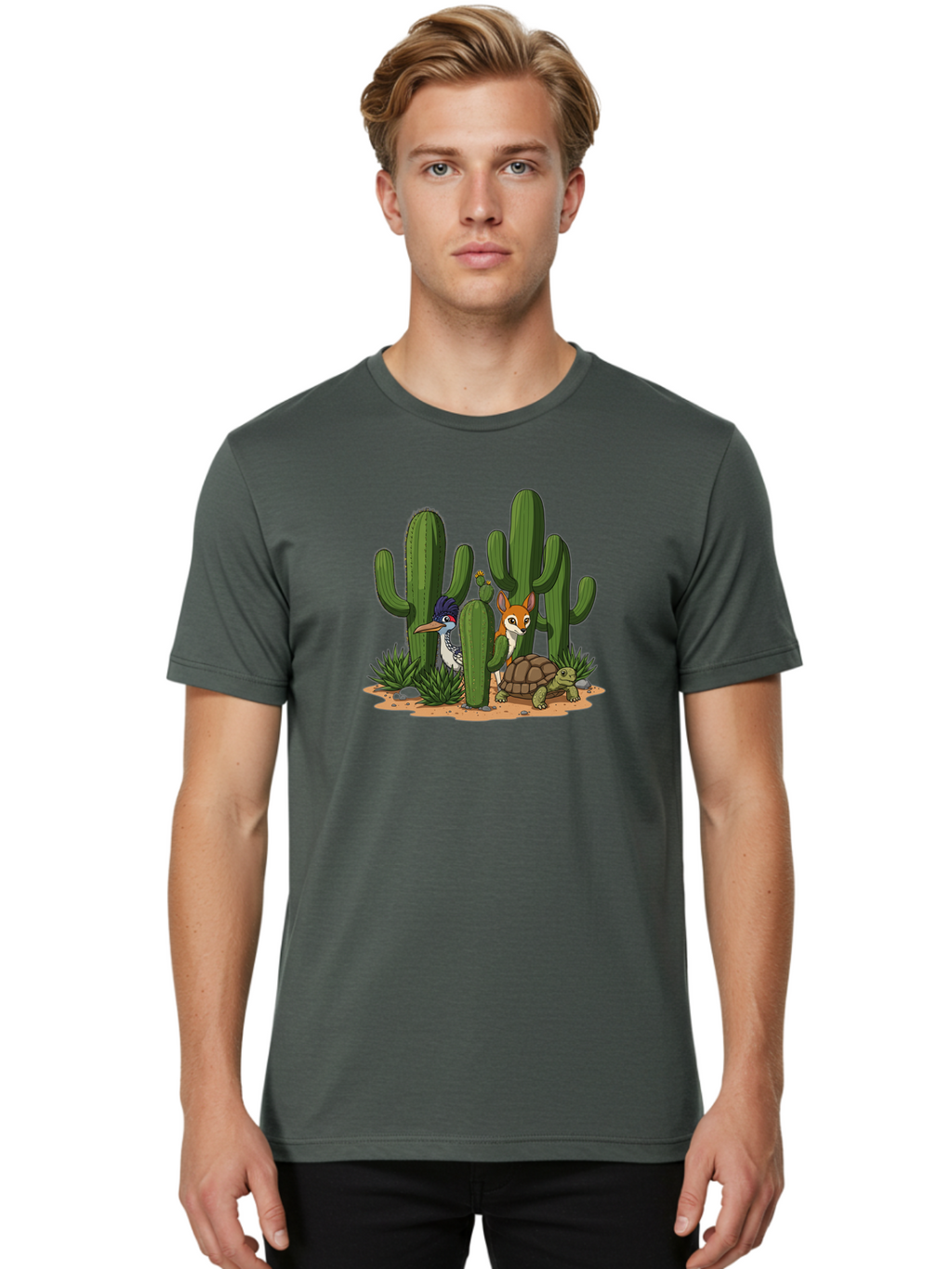 Kingfisher-Fennec-Fox-And-Turtle Men'S Graphic Tee, 100% Cotton, Comfortable Casual Summer Wear, Machine Washable, Cartoon Animals, Desert Wildlife, Cacti, Kingfisher Bird, Fennec Fox, Turtle, Desert Landscape, Wildlife Illustration, Bad252
