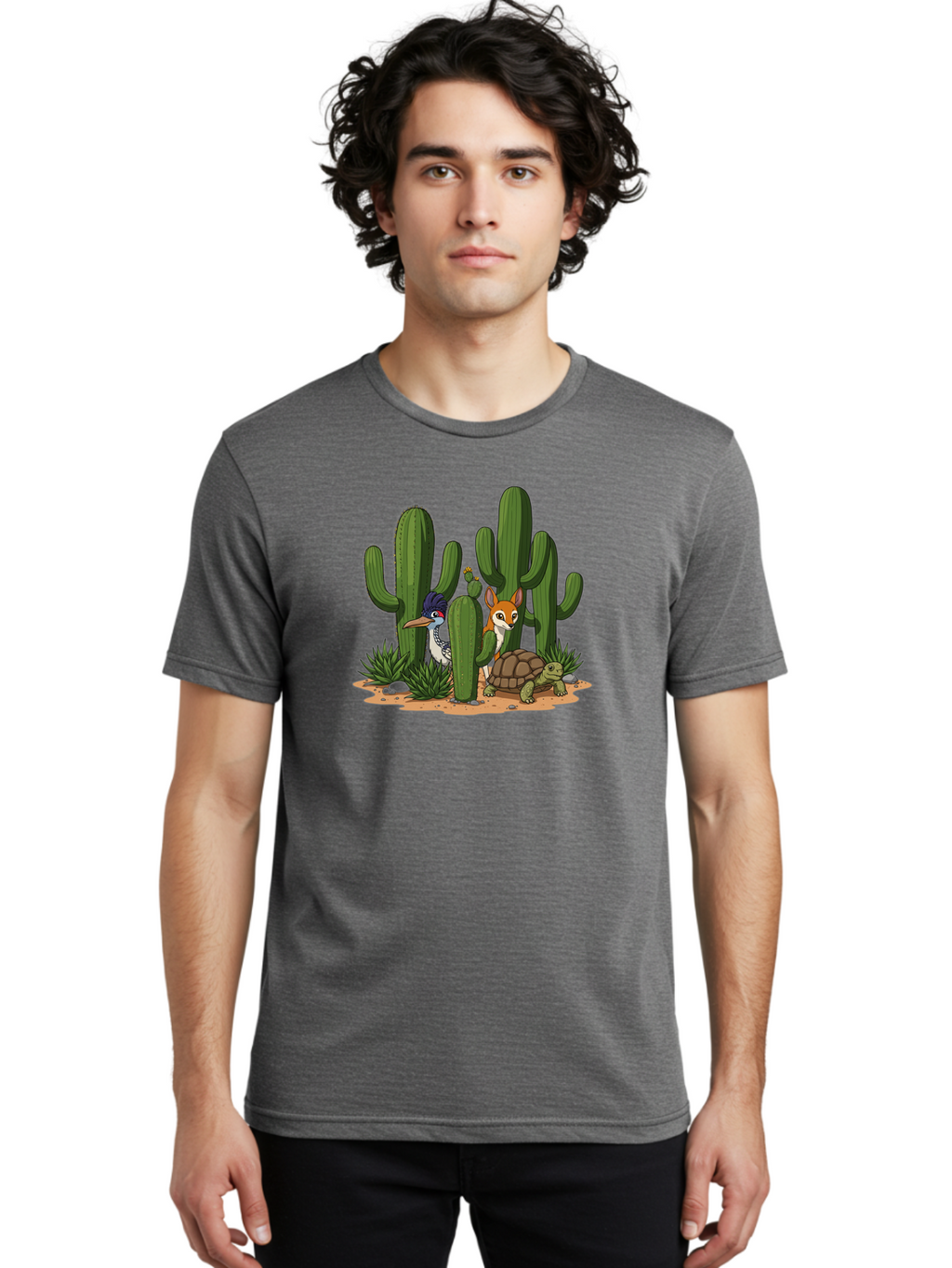 Kingfisher-Fennec-Fox-And-Turtle Men'S Graphic Tee, 100% Cotton, Comfortable Casual Summer Wear, Machine Washable, Cartoon Animals, Desert Wildlife, Cacti, Kingfisher Bird, Fennec Fox, Turtle, Desert Landscape, Wildlife Illustration, Bad252