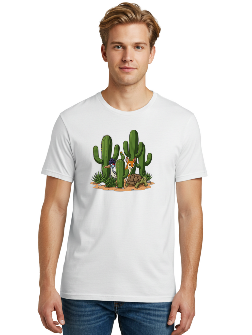 Kingfisher-Fennec-Fox-And-Turtle Men'S Graphic Tee, 100% Cotton, Comfortable Casual Summer Wear, Machine Washable, Cartoon Animals, Desert Wildlife, Cacti, Kingfisher Bird, Fennec Fox, Turtle, Desert Landscape, Wildlife Illustration, Bad252