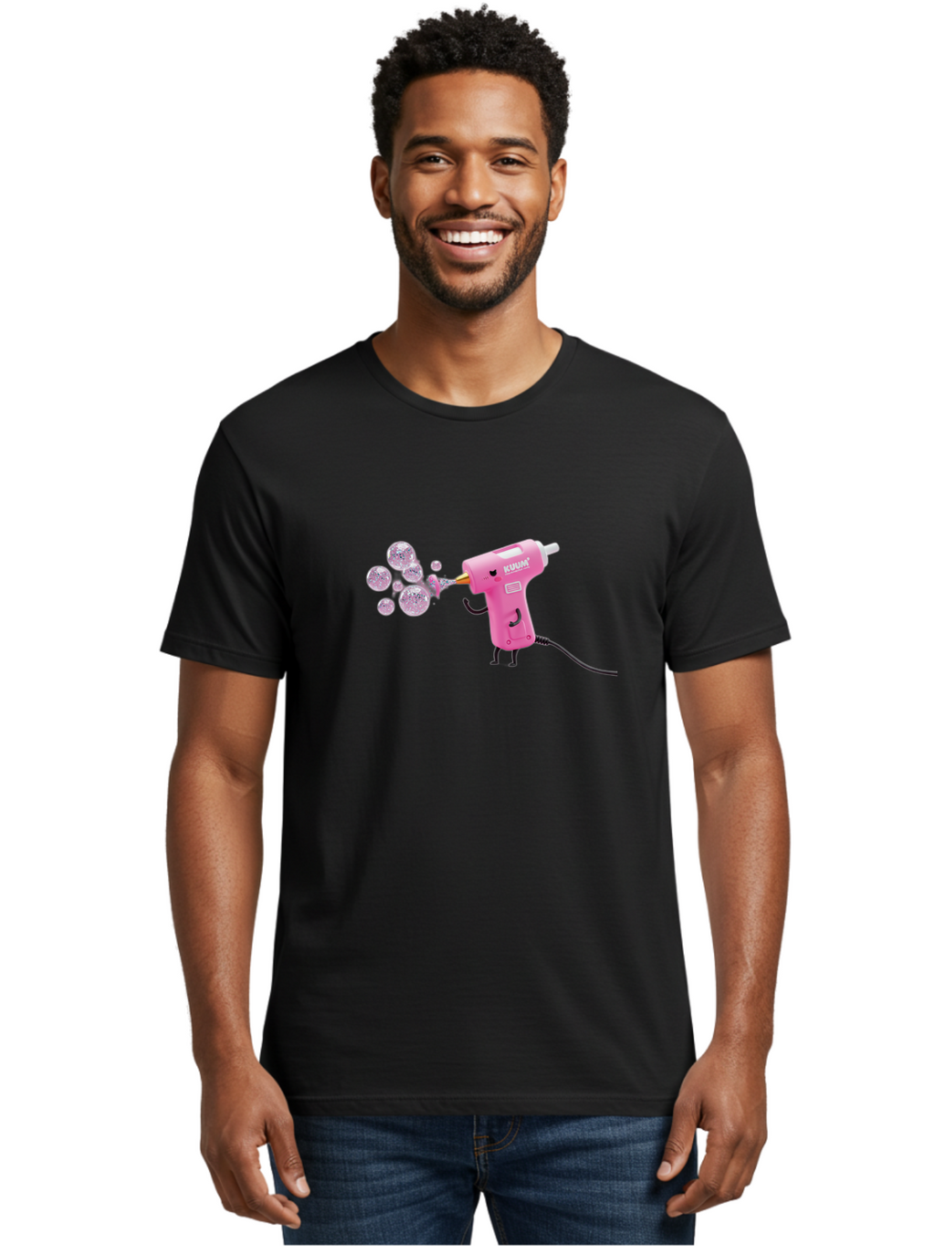 Kunan-Hot-Glue-Gun Men'S Graphic Tee, 100% Cotton, Comfortable Casual Summer Wear, Machine Washable, Hot Glue Gun Blowing Bubbles, Pink Power Tool, Kunan Brand, Cartoon Character, Creative Tool, Diy Craft, Whimsical Illustration, Fun Design, Bad254