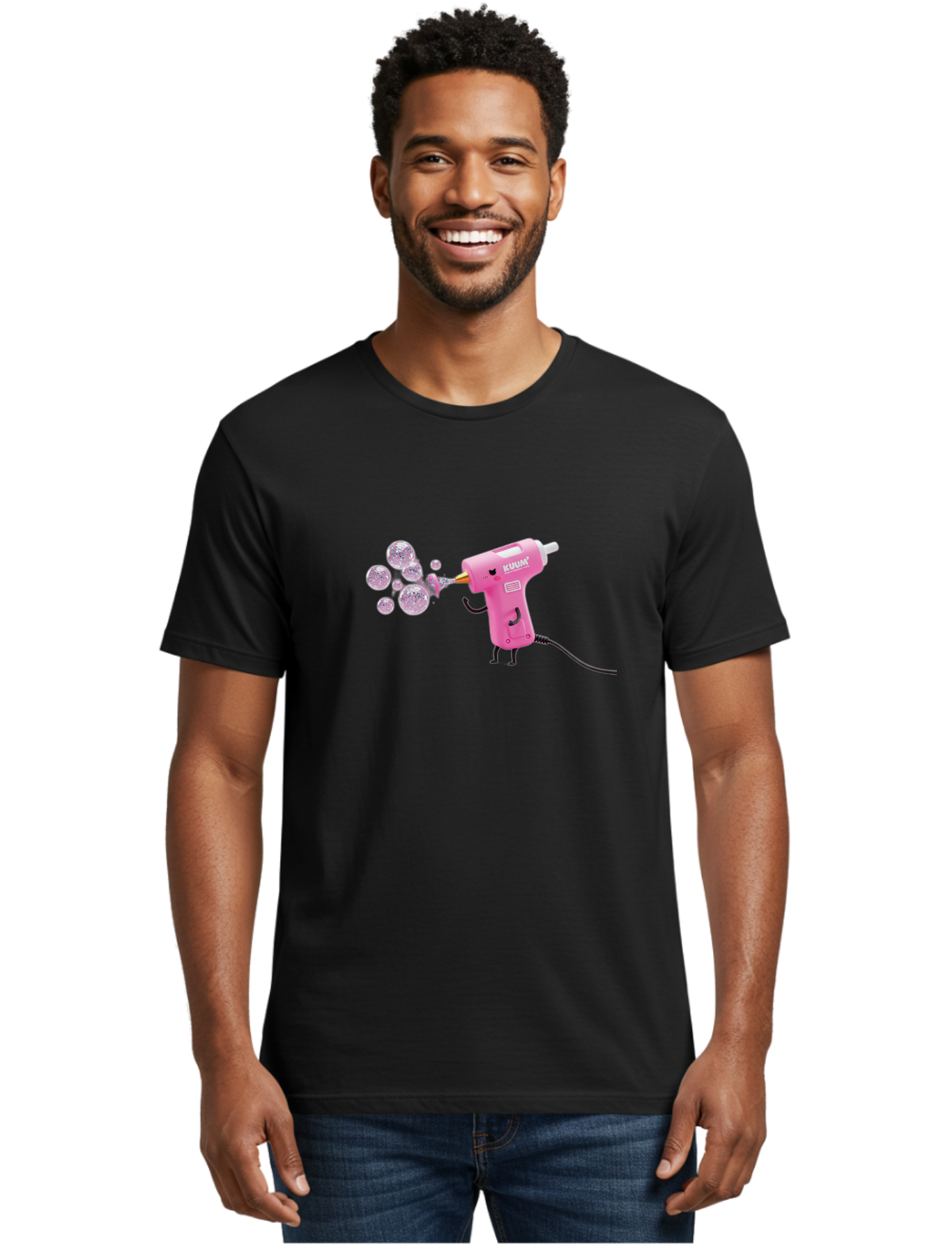 Kunan-Hot-Glue-Gun Men'S Graphic Tee, 100% Cotton, Comfortable Casual Summer Wear, Machine Washable, Hot Glue Gun Blowing Bubbles, Pink Power Tool, Kunan Brand, Cartoon Character, Creative Tool, Diy Craft, Whimsical Illustration, Fun Design, Bad254
