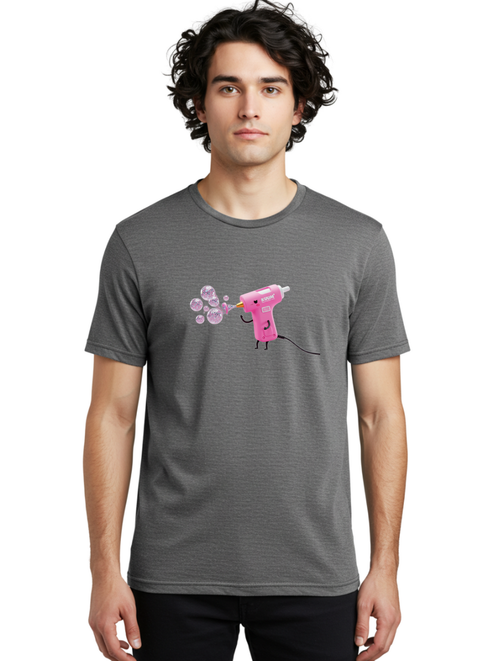 Kunan-Hot-Glue-Gun Men'S Graphic Tee, 100% Cotton, Comfortable Casual Summer Wear, Machine Washable, Hot Glue Gun Blowing Bubbles, Pink Power Tool, Kunan Brand, Cartoon Character, Creative Tool, Diy Craft, Whimsical Illustration, Fun Design, Bad254