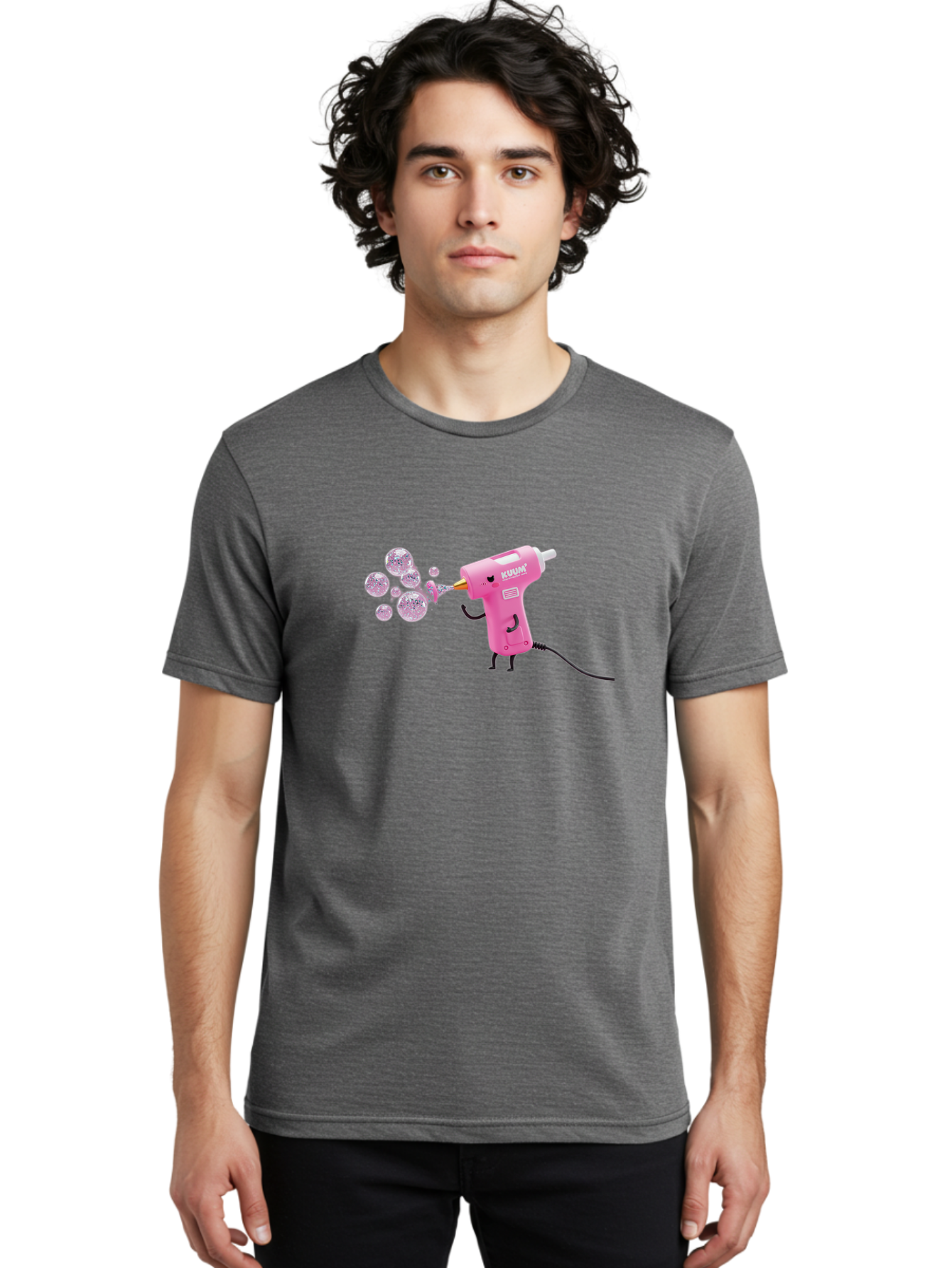 Kunan-Hot-Glue-Gun Men'S Graphic Tee, 100% Cotton, Comfortable Casual Summer Wear, Machine Washable, Hot Glue Gun Blowing Bubbles, Pink Power Tool, Kunan Brand, Cartoon Character, Creative Tool, Diy Craft, Whimsical Illustration, Fun Design, Bad254
