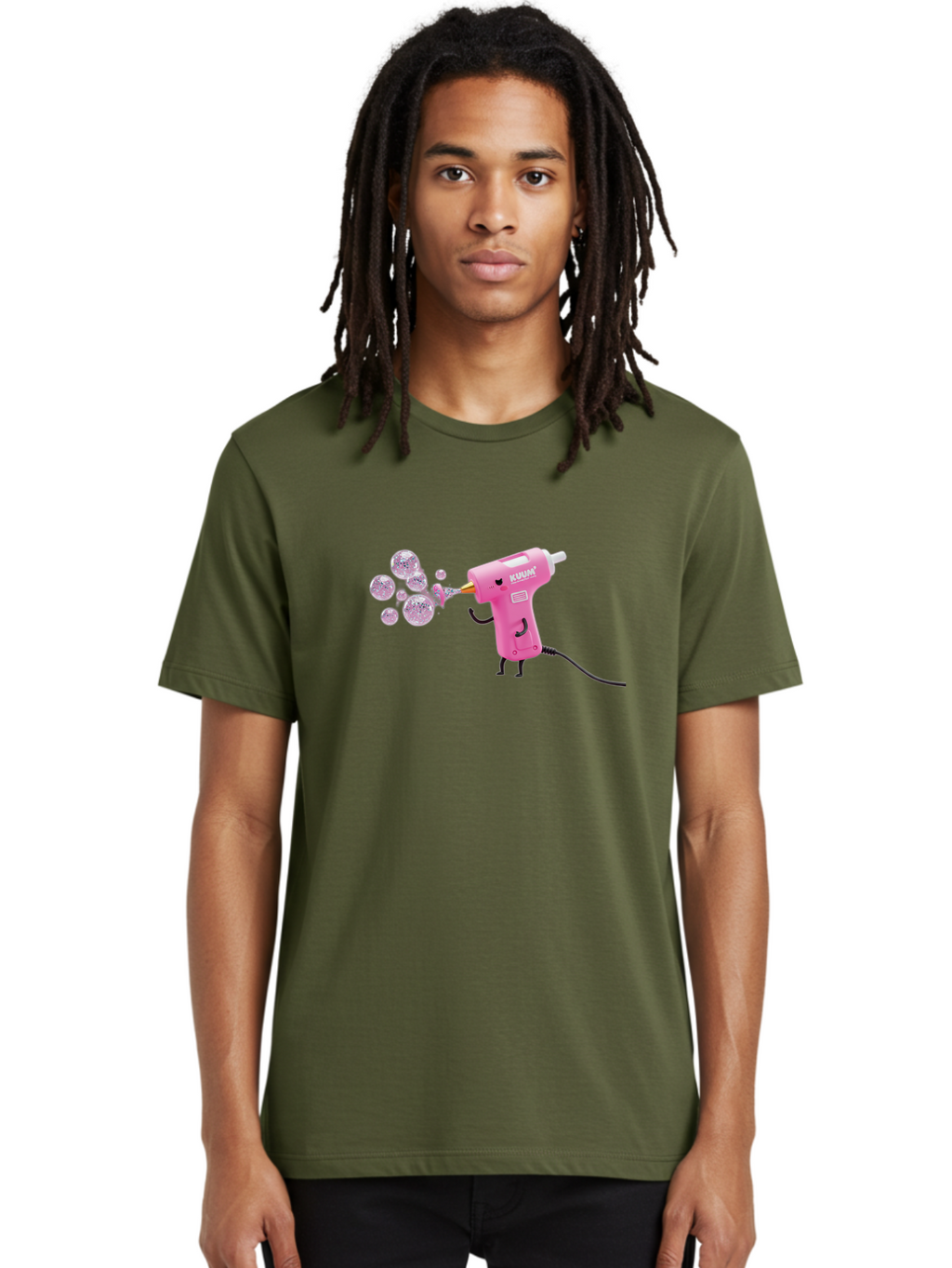 Kunan-Hot-Glue-Gun Men'S Graphic Tee, 100% Cotton, Comfortable Casual Summer Wear, Machine Washable, Hot Glue Gun Blowing Bubbles, Pink Power Tool, Kunan Brand, Cartoon Character, Creative Tool, Diy Craft, Whimsical Illustration, Fun Design, Bad254