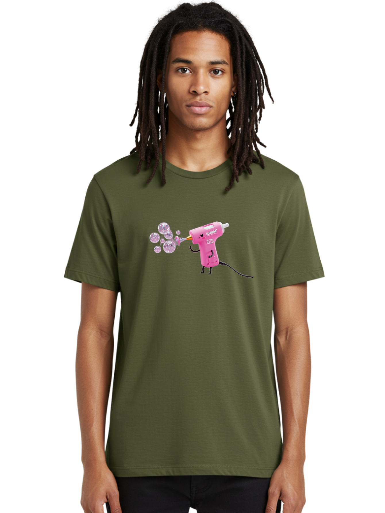 Kunan-Hot-Glue-Gun Men'S Graphic Tee, 100% Cotton, Comfortable Casual Summer Wear, Machine Washable, Hot Glue Gun Blowing Bubbles, Pink Power Tool, Kunan Brand, Cartoon Character, Creative Tool, Diy Craft, Whimsical Illustration, Fun Design, Bad254