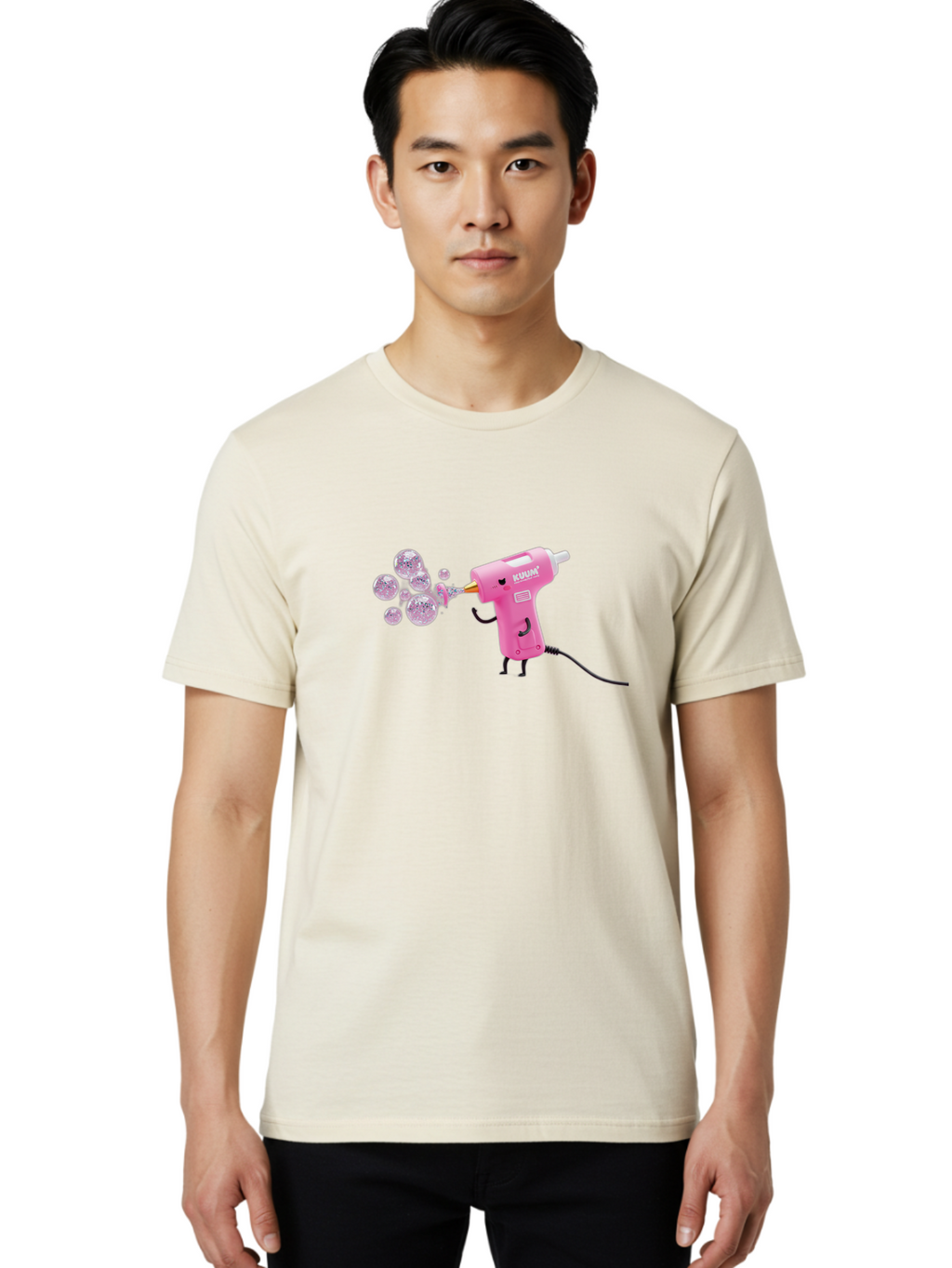 Kunan-Hot-Glue-Gun Men'S Graphic Tee, 100% Cotton, Comfortable Casual Summer Wear, Machine Washable, Hot Glue Gun Blowing Bubbles, Pink Power Tool, Kunan Brand, Cartoon Character, Creative Tool, Diy Craft, Whimsical Illustration, Fun Design, Bad254
