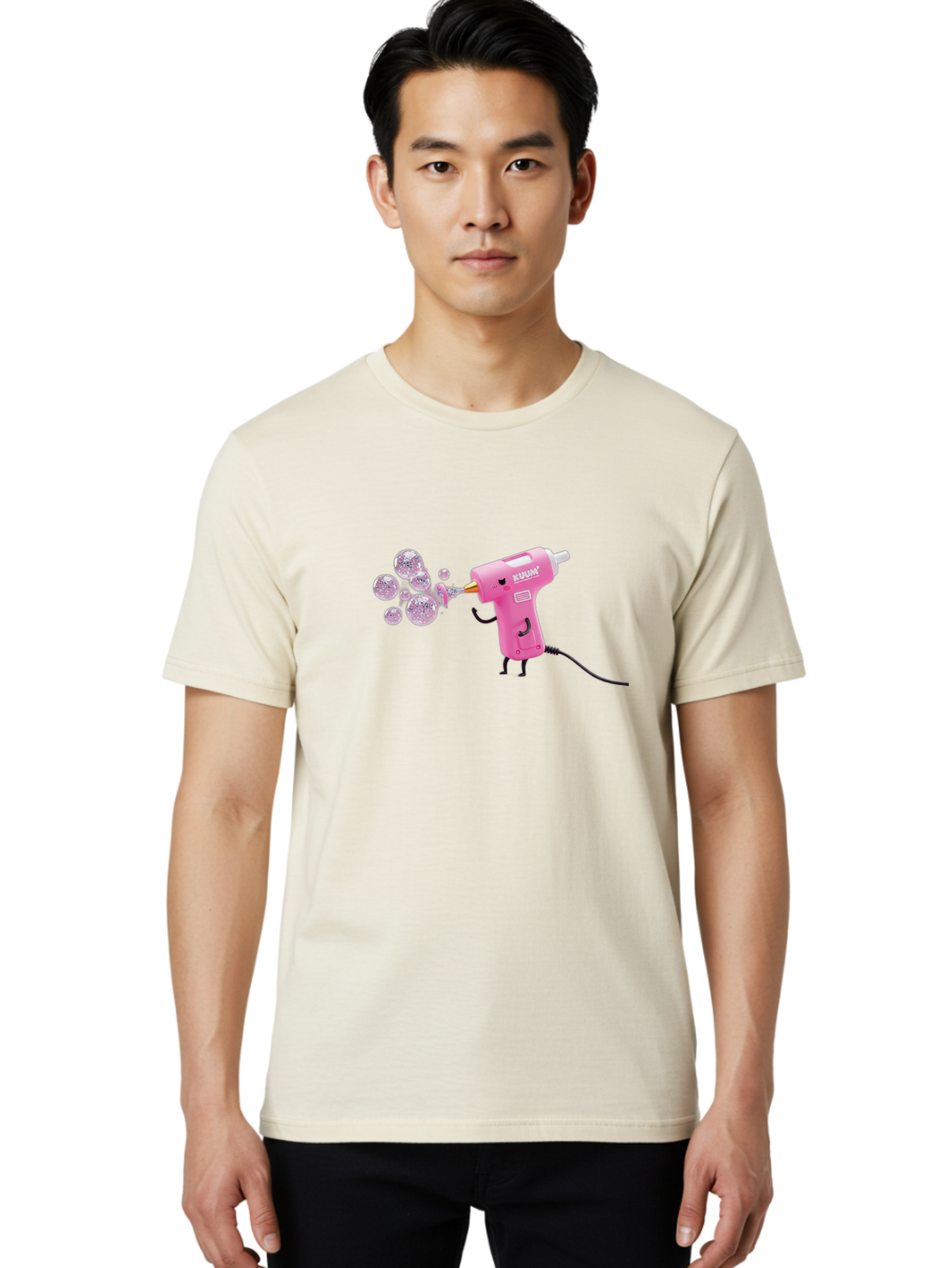 Kunan-Hot-Glue-Gun Men'S Graphic Tee, 100% Cotton, Comfortable Casual Summer Wear, Machine Washable, Hot Glue Gun Blowing Bubbles, Pink Power Tool, Kunan Brand, Cartoon Character, Creative Tool, Diy Craft, Whimsical Illustration, Fun Design, Bad254