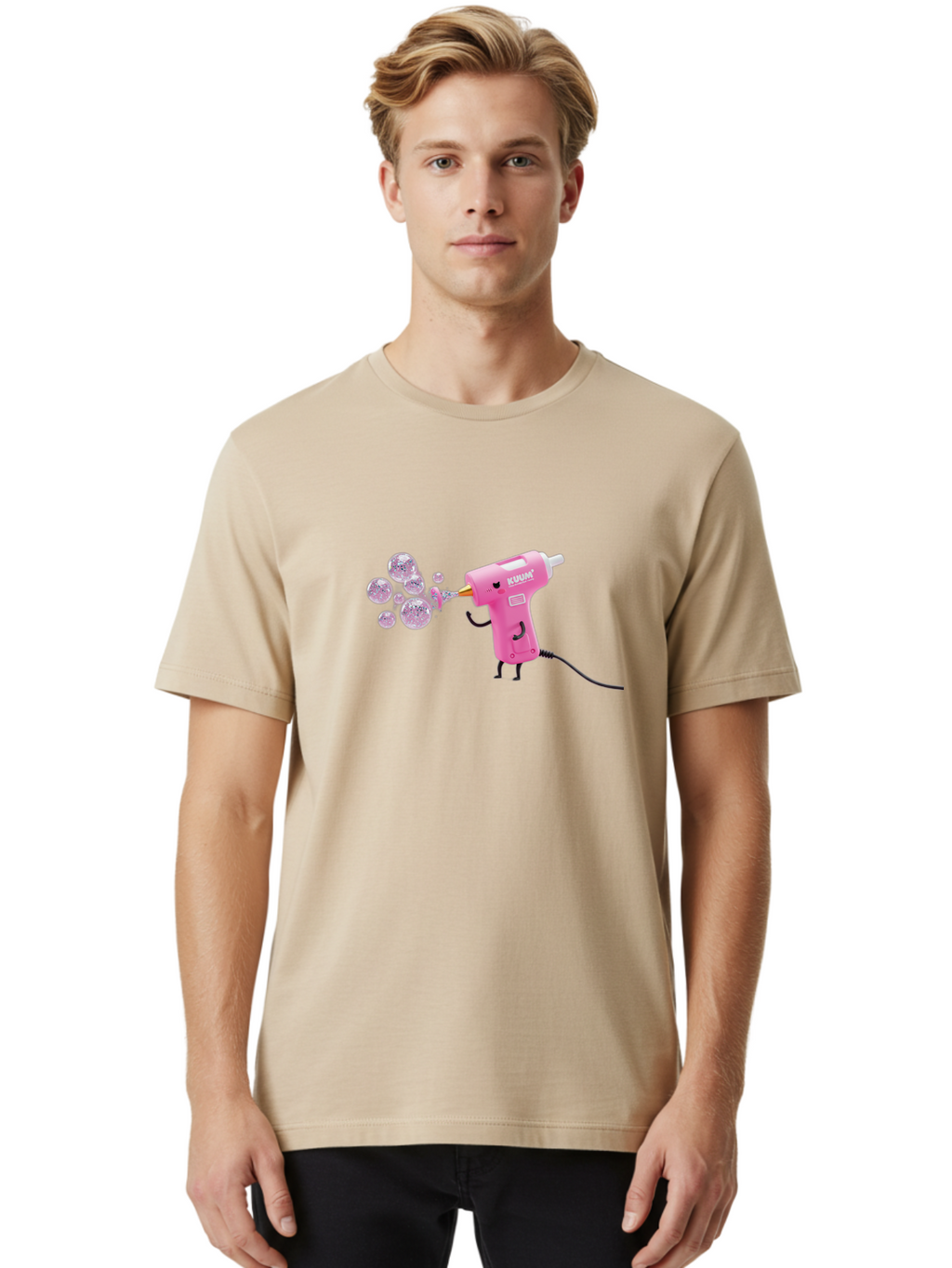 Kunan-Hot-Glue-Gun Men'S Graphic Tee, 100% Cotton, Comfortable Casual Summer Wear, Machine Washable, Hot Glue Gun Blowing Bubbles, Pink Power Tool, Kunan Brand, Cartoon Character, Creative Tool, Diy Craft, Whimsical Illustration, Fun Design, Bad254