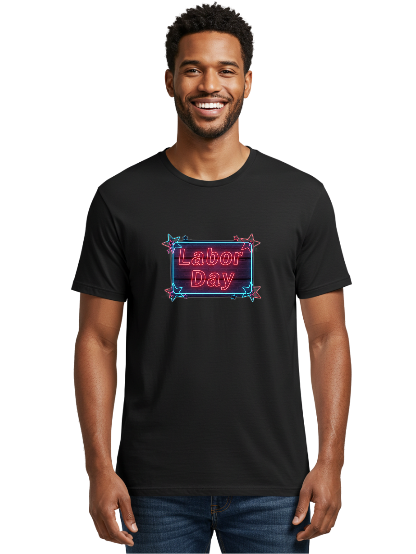 Labor-Day-5 Men'S Graphic Tee, 100% Cotton, Comfortable Casual Summer Wear, Machine Washable, Labor Day Graphic, Neon Sign, Red Neon Lights, Star Decorations, Festive Design, Holiday Theme, Patriotic Celebration, Blue Outline Bad261
