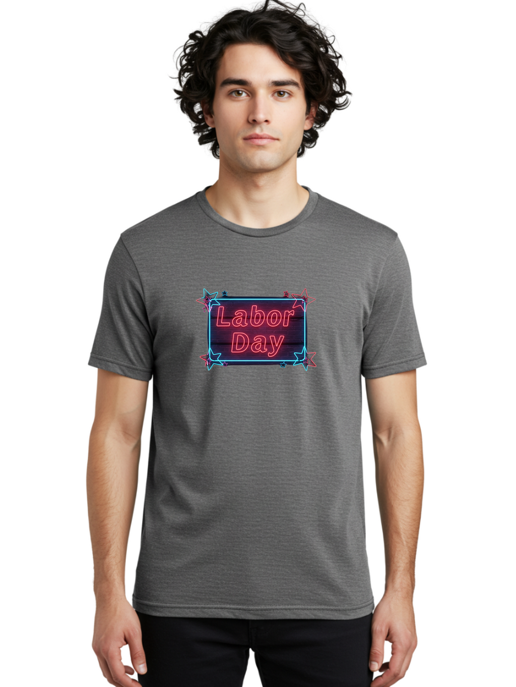 Labor-Day-5 Men'S Graphic Tee, 100% Cotton, Comfortable Casual Summer Wear, Machine Washable, Labor Day Graphic, Neon Sign, Red Neon Lights, Star Decorations, Festive Design, Holiday Theme, Patriotic Celebration, Blue Outline Bad261