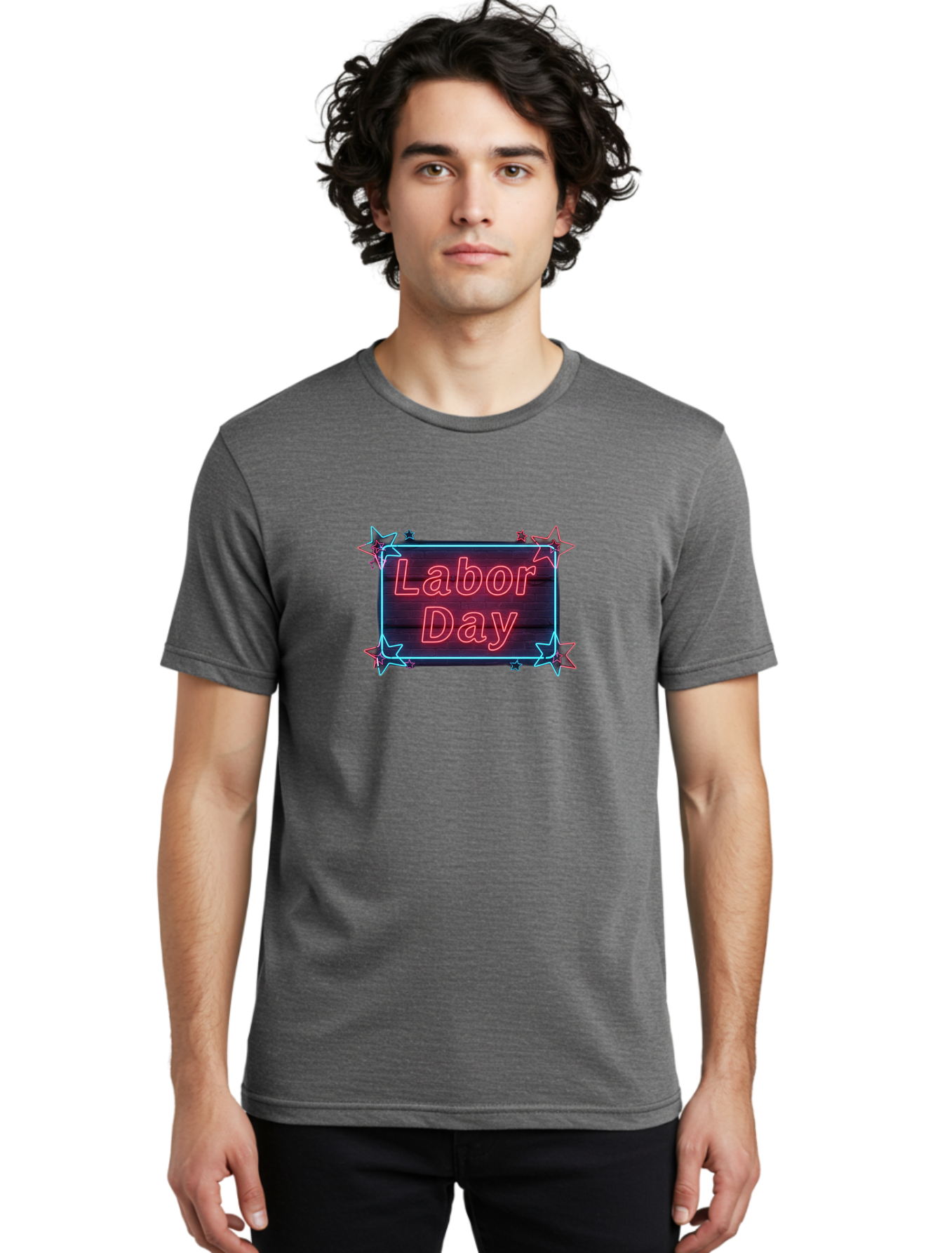 Labor-Day-5 Men'S Graphic Tee, 100% Cotton, Comfortable Casual Summer Wear, Machine Washable, Labor Day Graphic, Neon Sign, Red Neon Lights, Star Decorations, Festive Design, Holiday Theme, Patriotic Celebration, Blue Outline Bad261
