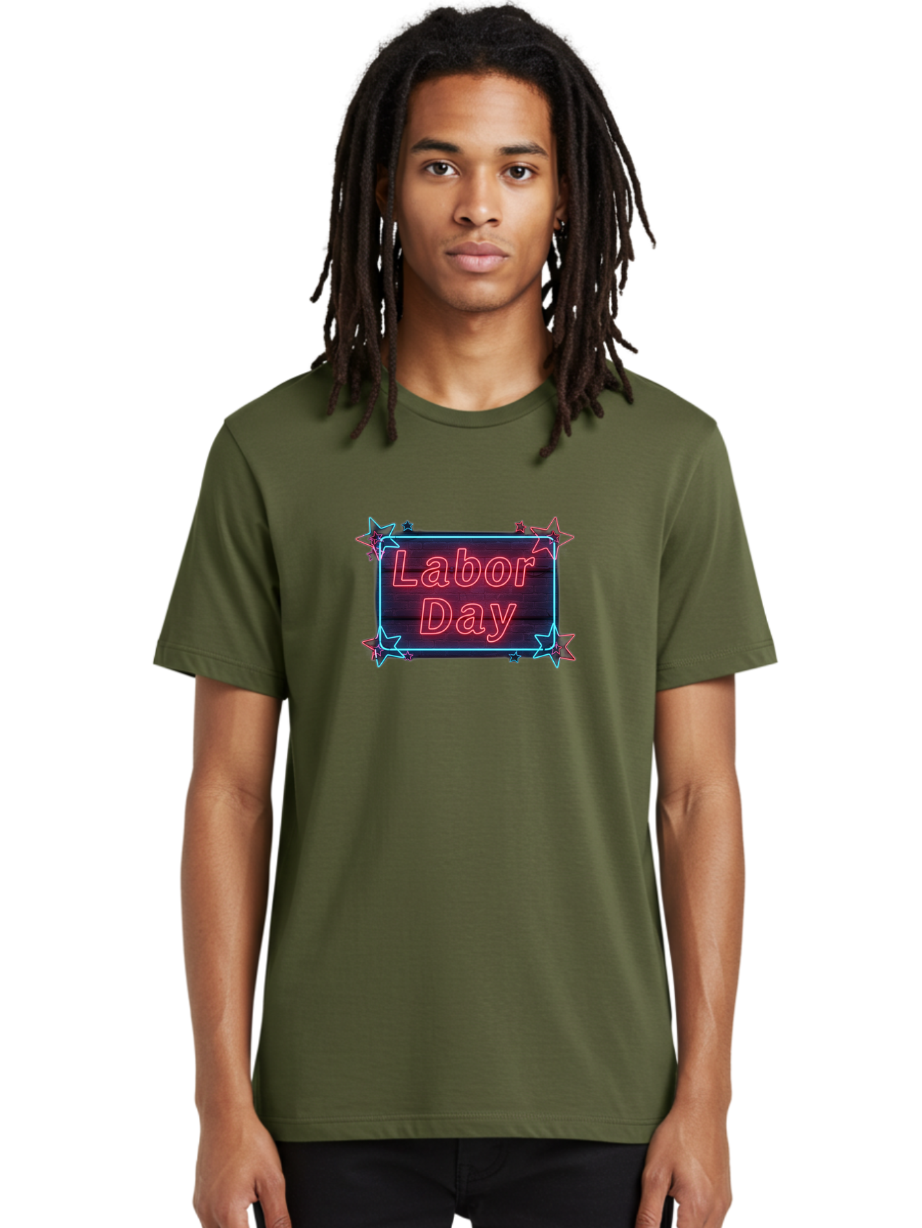 Labor-Day-5 Men'S Graphic Tee, 100% Cotton, Comfortable Casual Summer Wear, Machine Washable, Labor Day Graphic, Neon Sign, Red Neon Lights, Star Decorations, Festive Design, Holiday Theme, Patriotic Celebration, Blue Outline Bad261