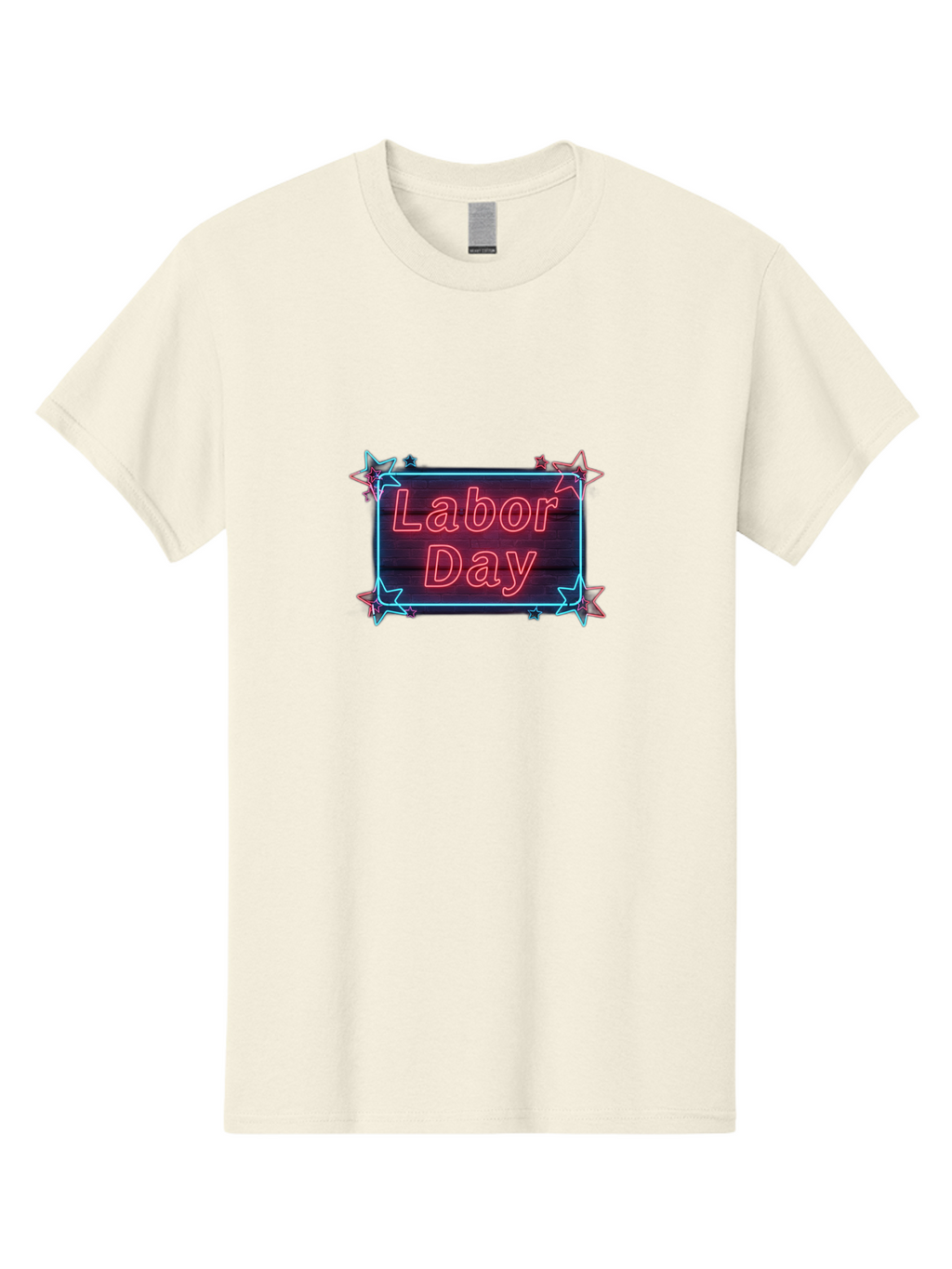 Labor-Day-5 Men'S Graphic Tee, 100% Cotton, Comfortable Casual Summer Wear, Machine Washable, Labor Day Graphic, Neon Sign, Red Neon Lights, Star Decorations, Festive Design, Holiday Theme, Patriotic Celebration, Blue Outline Bad261