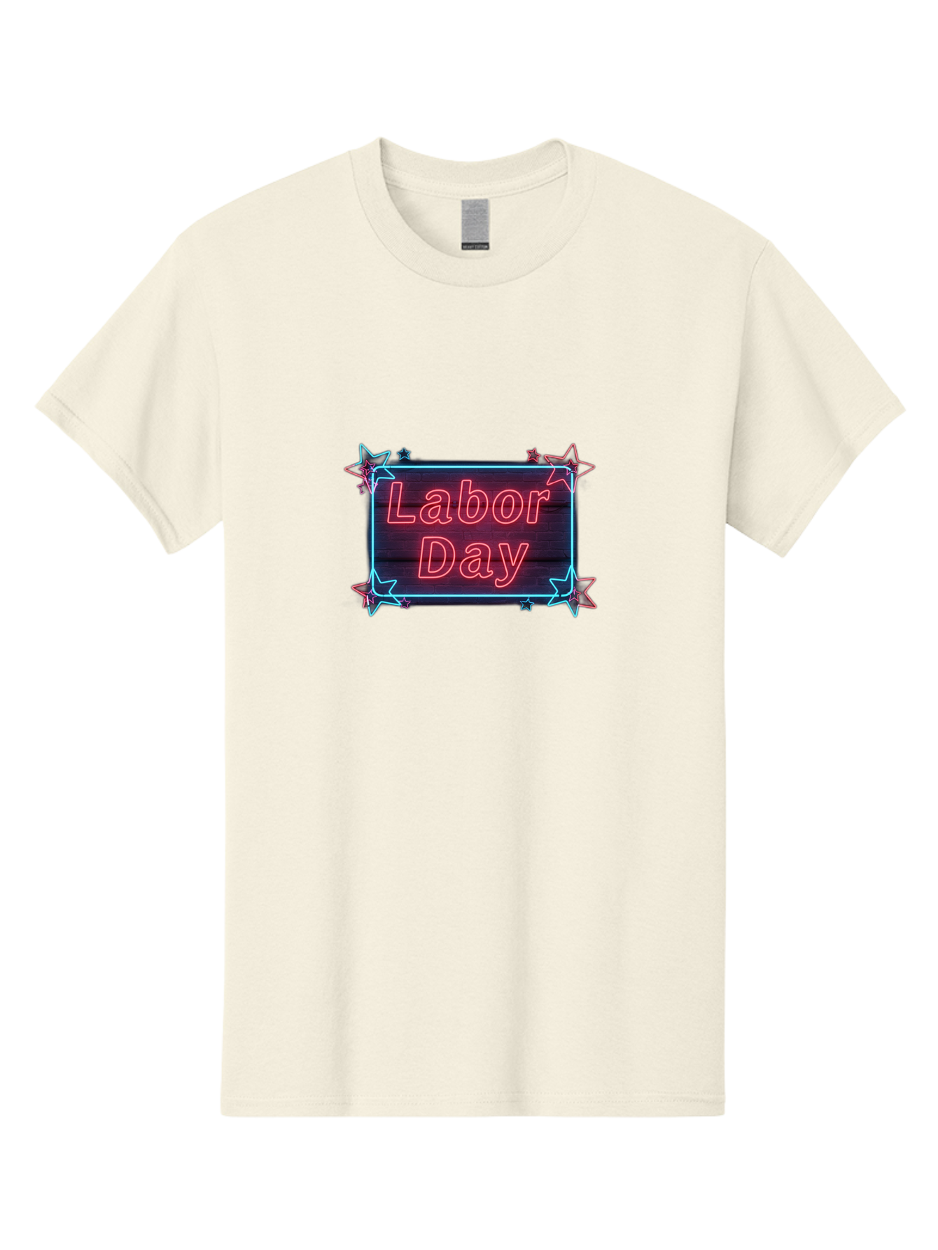 Labor-Day-5 Men'S Graphic Tee, 100% Cotton, Comfortable Casual Summer Wear, Machine Washable, Labor Day Graphic, Neon Sign, Red Neon Lights, Star Decorations, Festive Design, Holiday Theme, Patriotic Celebration, Blue Outline Bad261