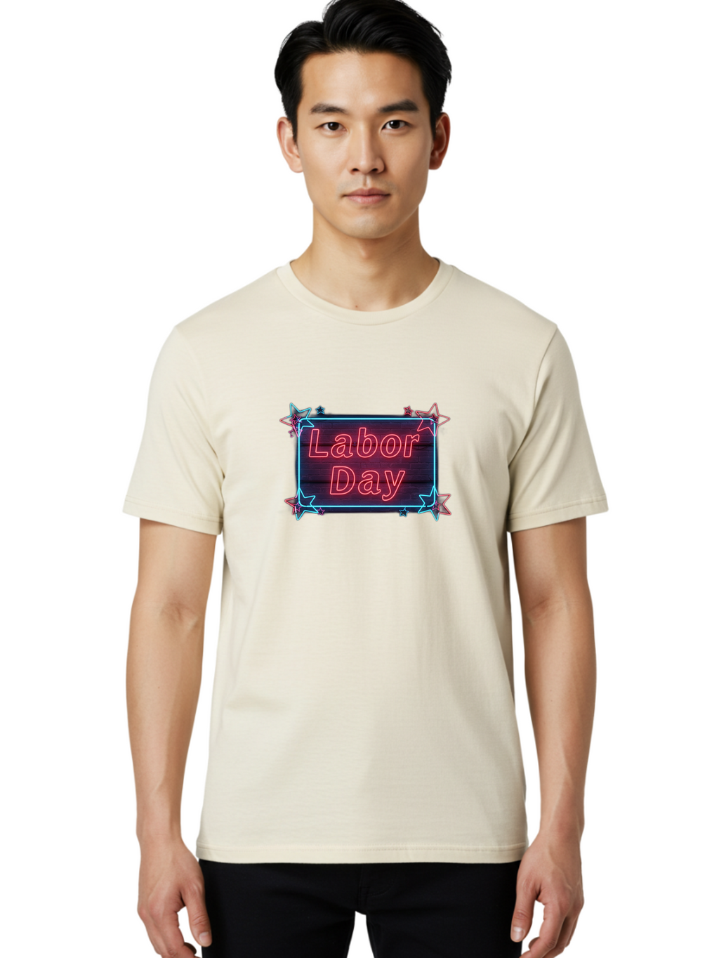 Labor-Day-5 Men'S Graphic Tee, 100% Cotton, Comfortable Casual Summer Wear, Machine Washable, Labor Day Graphic, Neon Sign, Red Neon Lights, Star Decorations, Festive Design, Holiday Theme, Patriotic Celebration, Blue Outline Bad261