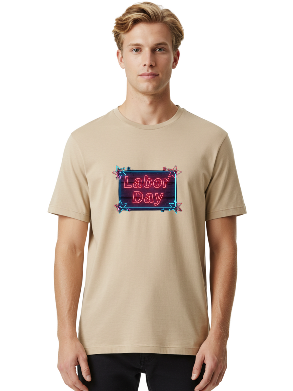 Labor-Day-5 Men'S Graphic Tee, 100% Cotton, Comfortable Casual Summer Wear, Machine Washable, Labor Day Graphic, Neon Sign, Red Neon Lights, Star Decorations, Festive Design, Holiday Theme, Patriotic Celebration, Blue Outline Bad261