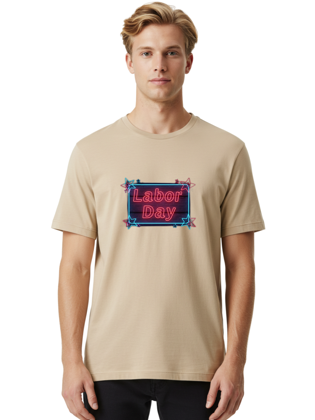 Labor-Day-5 Men'S Graphic Tee, 100% Cotton, Comfortable Casual Summer Wear, Machine Washable, Labor Day Graphic, Neon Sign, Red Neon Lights, Star Decorations, Festive Design, Holiday Theme, Patriotic Celebration, Blue Outline Bad261