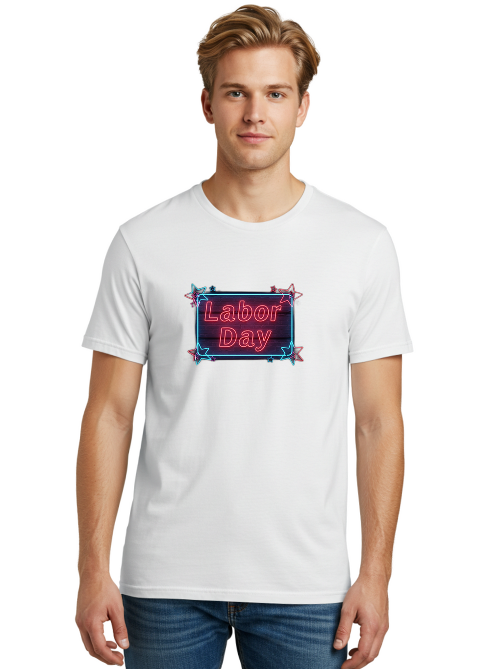 Labor-Day-5 Men'S Graphic Tee, 100% Cotton, Comfortable Casual Summer Wear, Machine Washable, Labor Day Graphic, Neon Sign, Red Neon Lights, Star Decorations, Festive Design, Holiday Theme, Patriotic Celebration, Blue Outline Bad261