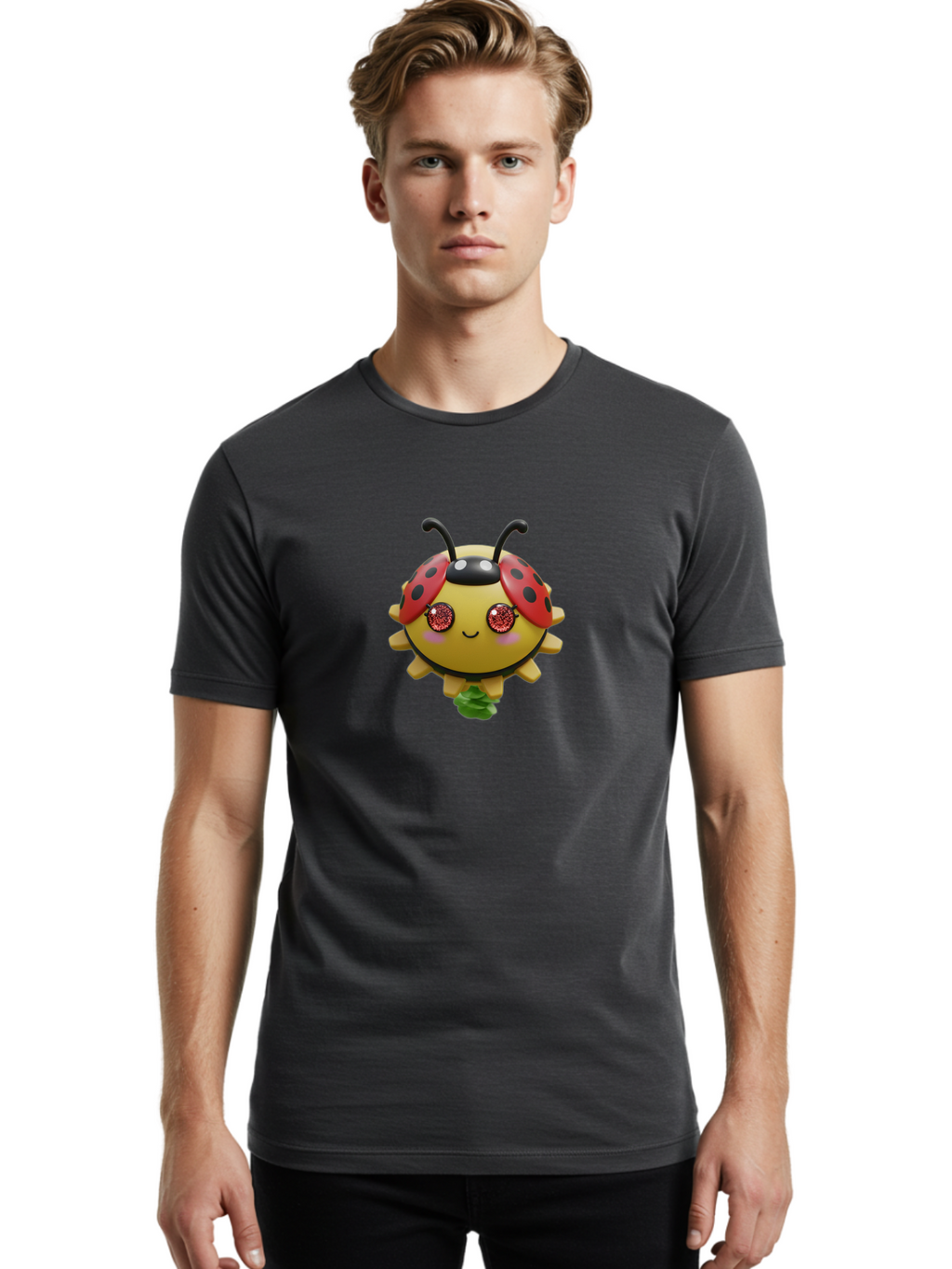 Ladybug Men'S Graphic Tee, 100% Cotton, Comfortable Casual Summer Wear, Machine Washable, Cartoon Ladybug, Cute Insect, Kawaii Character, Red And Black Wings, Yellow Body, Smiling Face, Glittery Eyes, Playful Animation, Adorable Creature, Bad264