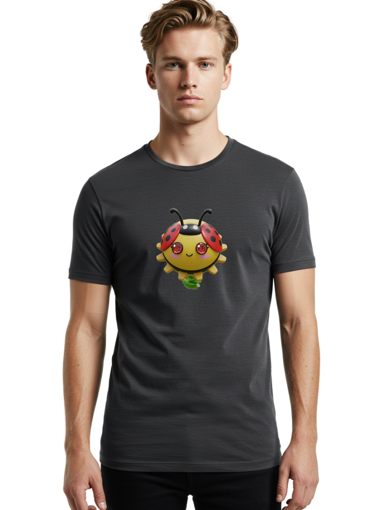 Ladybug Men'S Graphic Tee, 100% Cotton, Comfortable Casual Summer Wear, Machine Washable, Cartoon Ladybug, Cute Insect, Kawaii Character, Red And Black Wings, Yellow Body, Smiling Face, Glittery Eyes, Playful Animation, Adorable Creature, Bad264