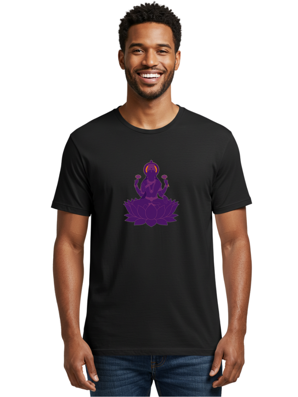 Lakshmi-2 Men'S Graphic Tee, 100% Cotton, Comfortable Casual Summer Wear, Machine Washable, Hindu Goddess, Lotus Flower, Multi-Armed Deity, Spiritual Symbolism, Sacred Geometry, Mystic Iconography, Purple Silhouette, Floral Motifs, Bad266
